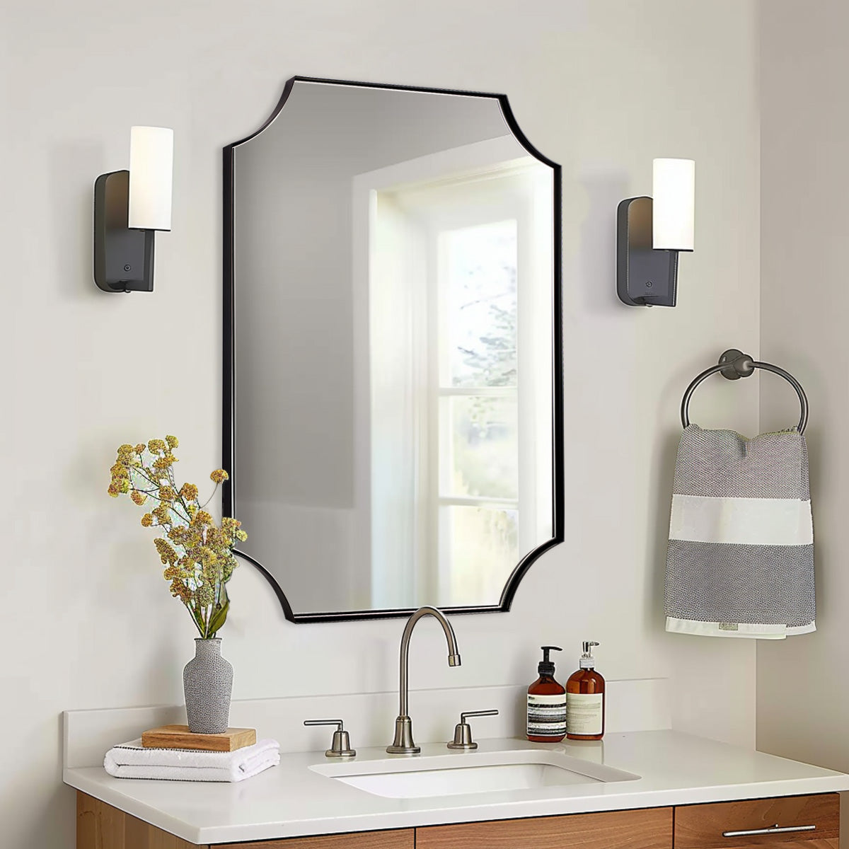 Contemporary Rounded Notched Corner Scalloped Rectangle Bathroom Vanity Mirror | Stainless Steel Frame