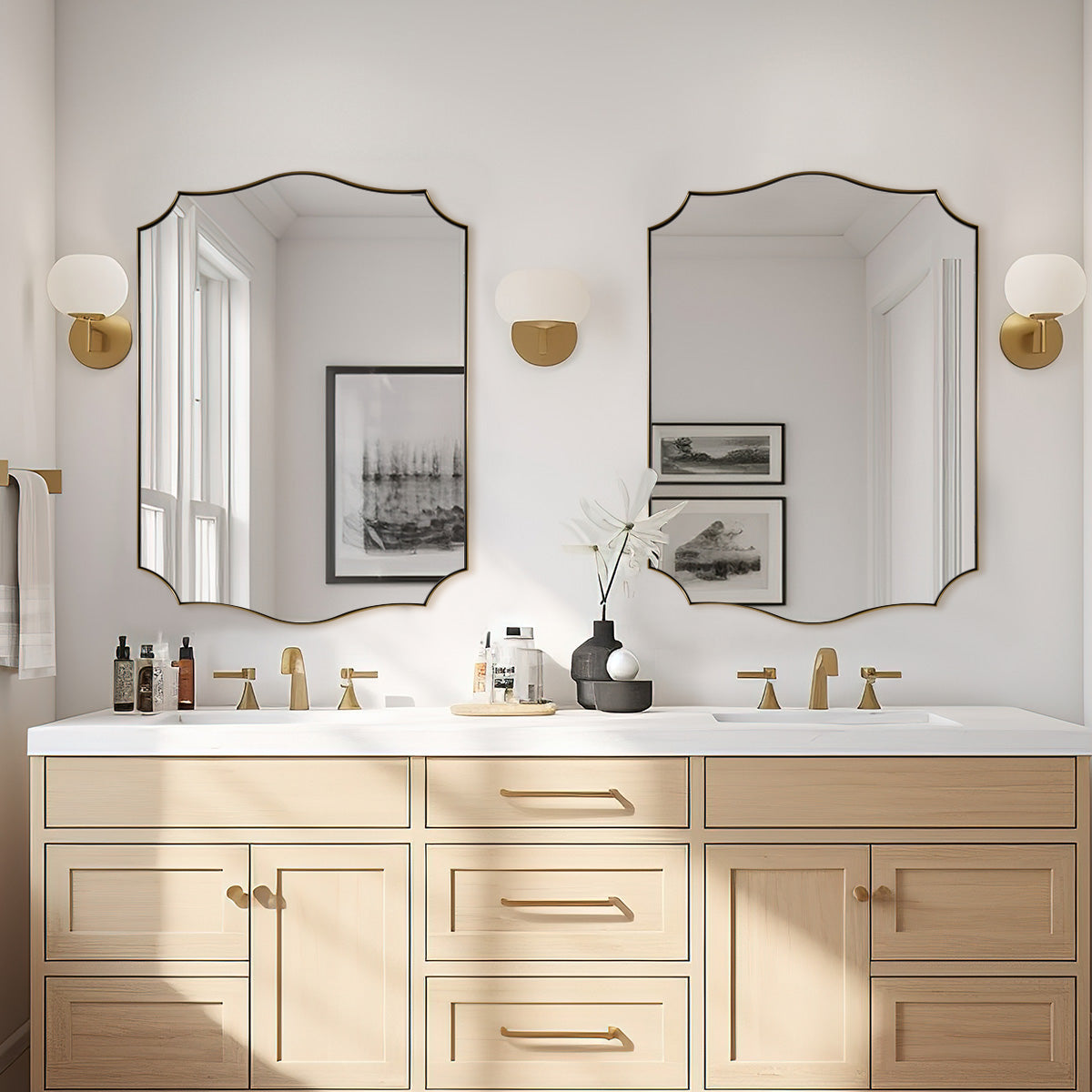 Traditional Rectangle Scalloped Wall Mirror for Bathroom | Stainless Steel Frame