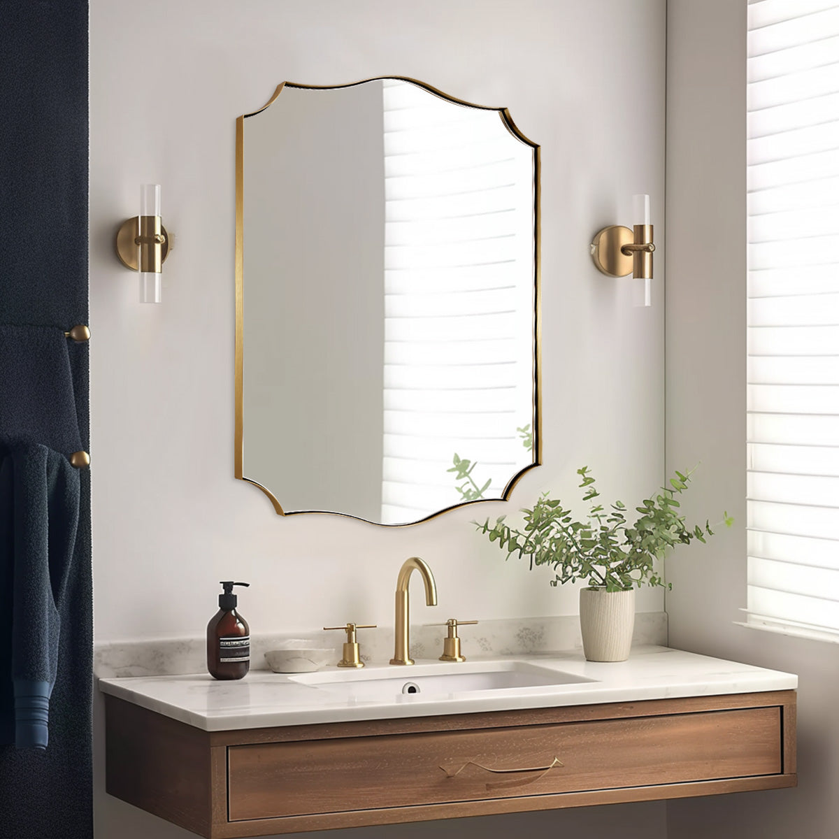 Traditional Rectangle Scalloped Wall Mirror for Bathroom | Stainless Steel Frame