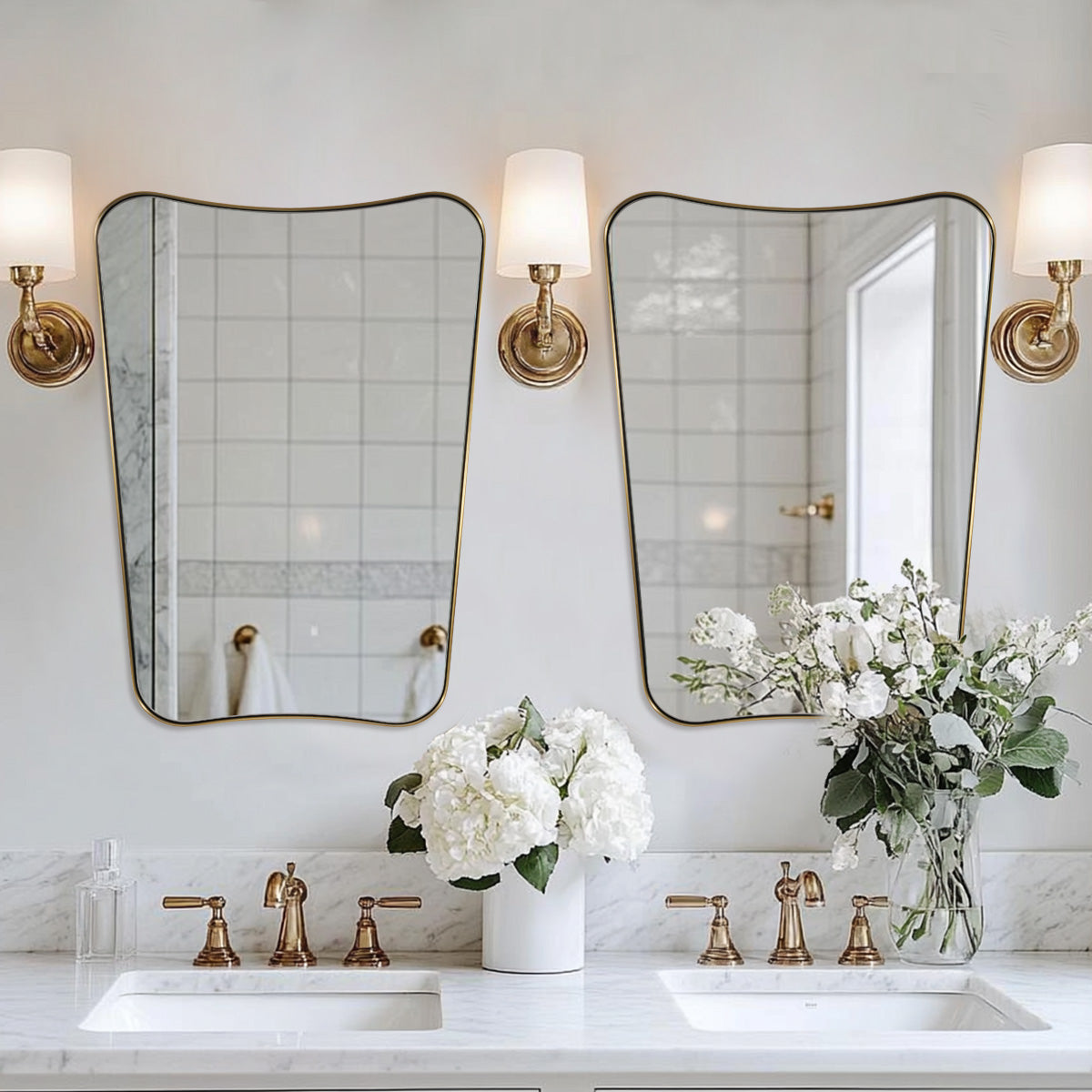 Modern Concave Top Rectangle Irregular Scalloped Bathroom Wall Mirror |Stainless Steel Frame
