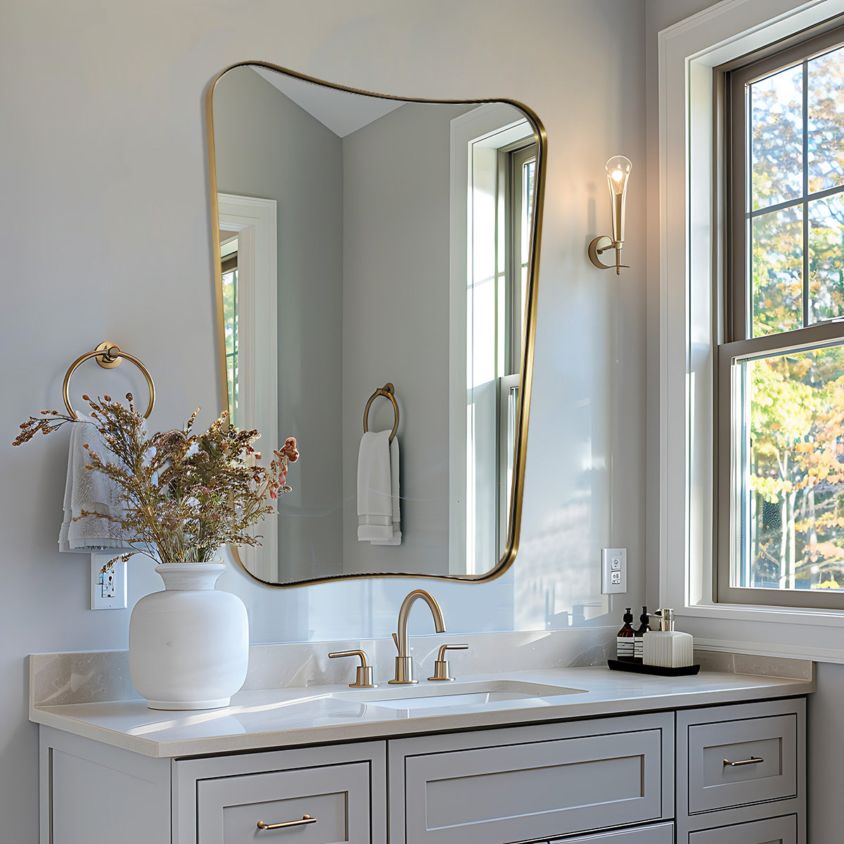 Modern Concave Top Rectangle Irregular Scalloped Bathroom Wall Mirror |Stainless Steel Frame