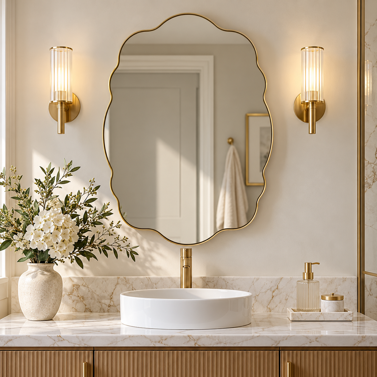 Contemporary Wavy Oval Scalloped Bathroom Vanity Mirror Irregular Organic Mirror| Stainless Steel Framed