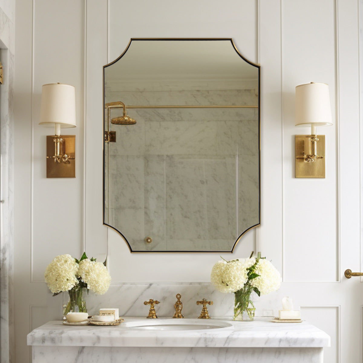 Contemporary Rounded Notched Corner Scalloped Rectangle Bathroom Vanity Mirror | Stainless Steel Frame