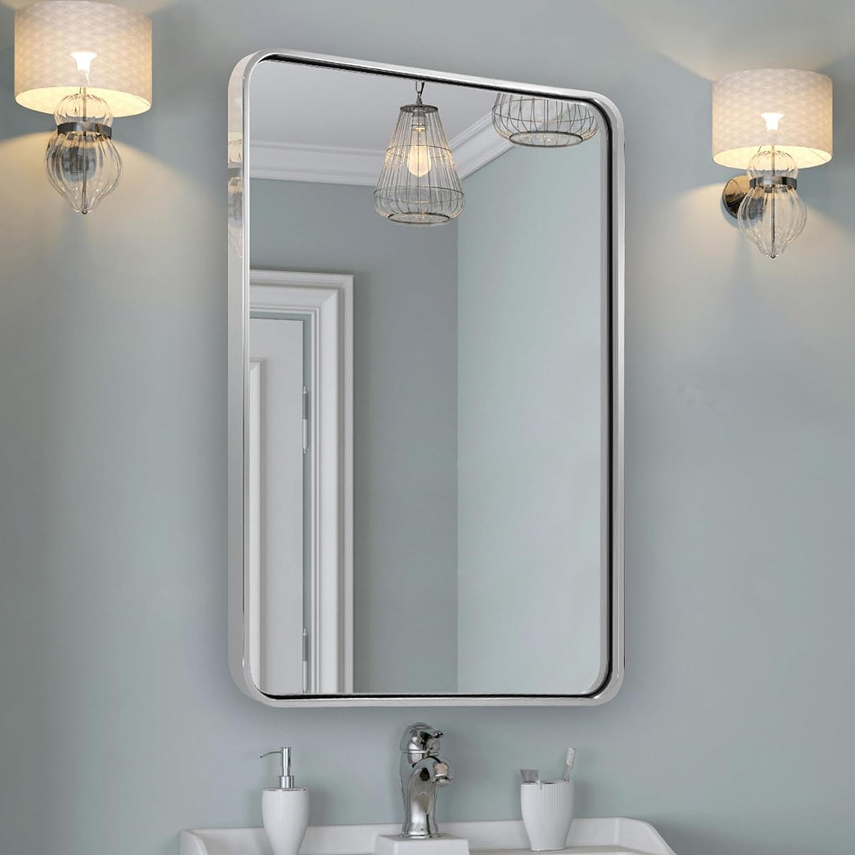 Modern Bold Framed Rectangle Wall Mirrors for Bathroom Wall| Stainless Steel Framed