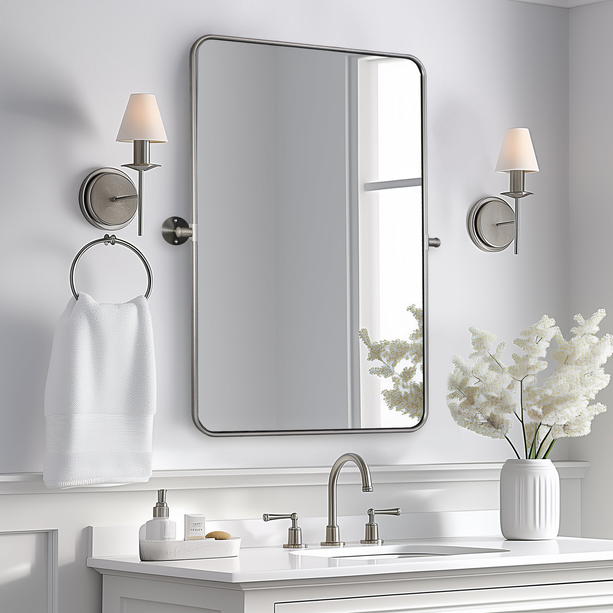 Modern Rectangle Pivot Mirror Adjustable Floating / Tilting Bathroom Mirror