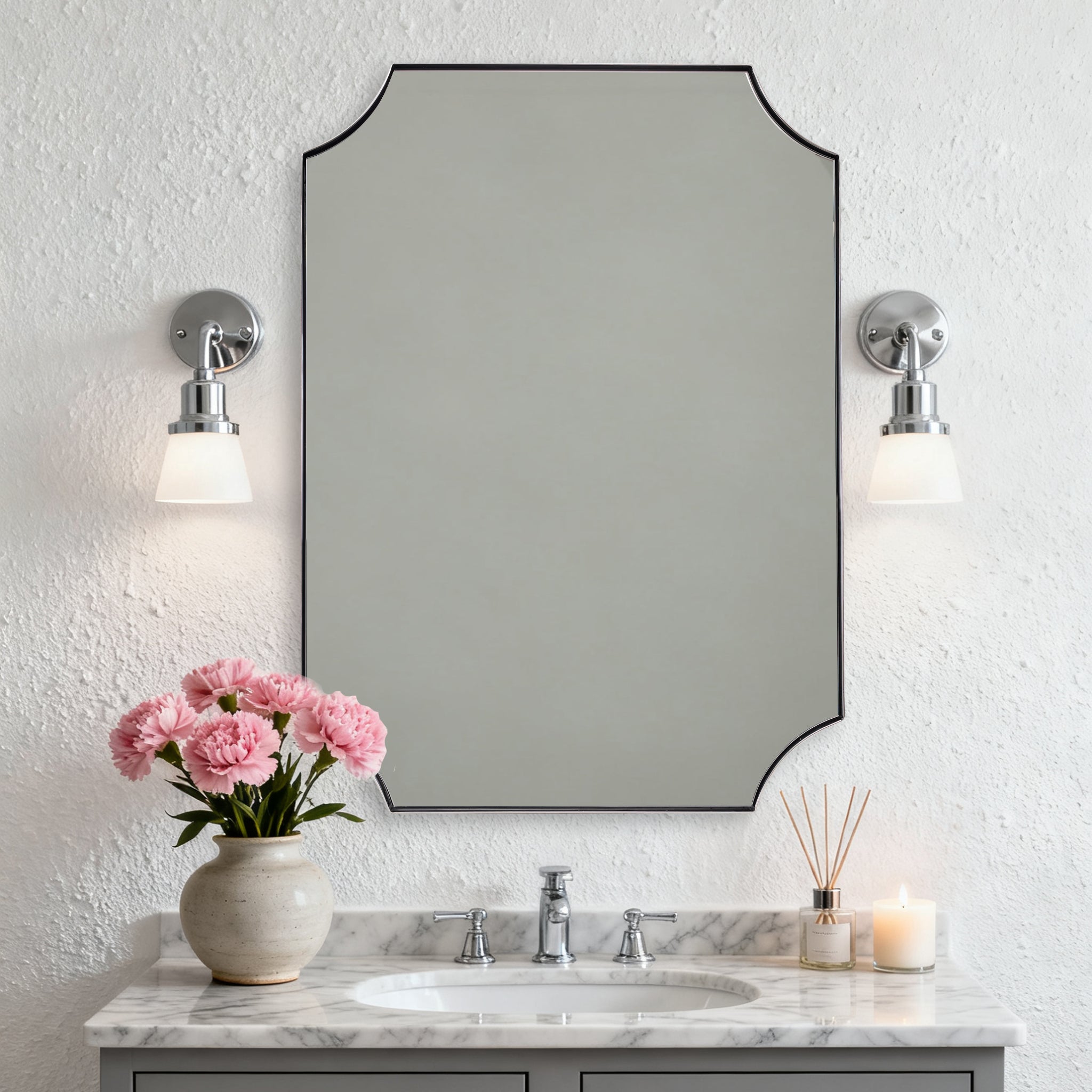 Contemporary Notched Corner Scalloped Rectangle Bathroom Vanity Mirror | Stainless Steel Frame