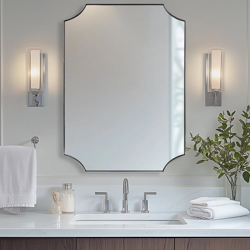 Contemporary Rounded Notched Corner Scalloped Rectangle Bathroom Vanity Mirror | Stainless Steel Frame