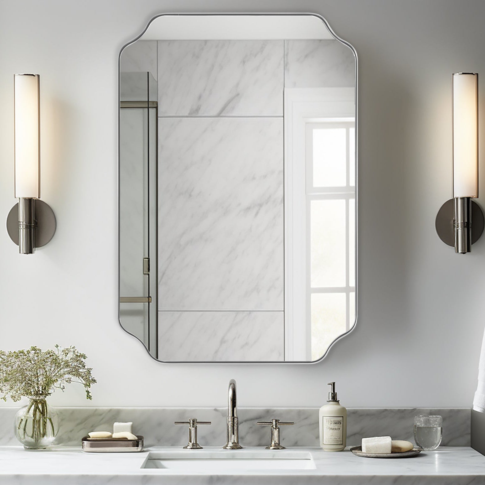 Contemporary Notched Corner Rectangle Scalloped Mirror for Wall /Bathroom | Stainless Steel Frame