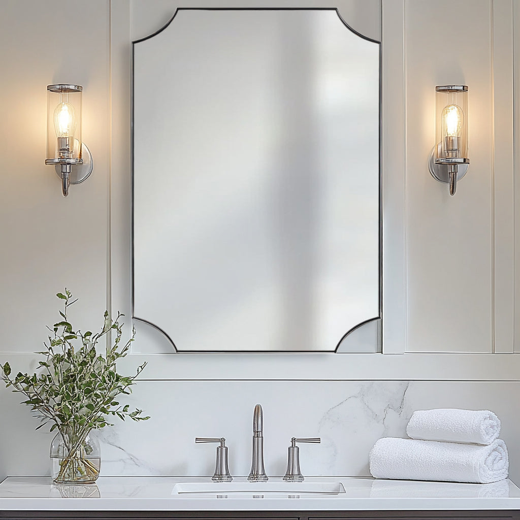 Contemporary Rounded Notched Corner Scalloped Rectangle Bathroom Vanity Mirror | Stainless Steel Frame