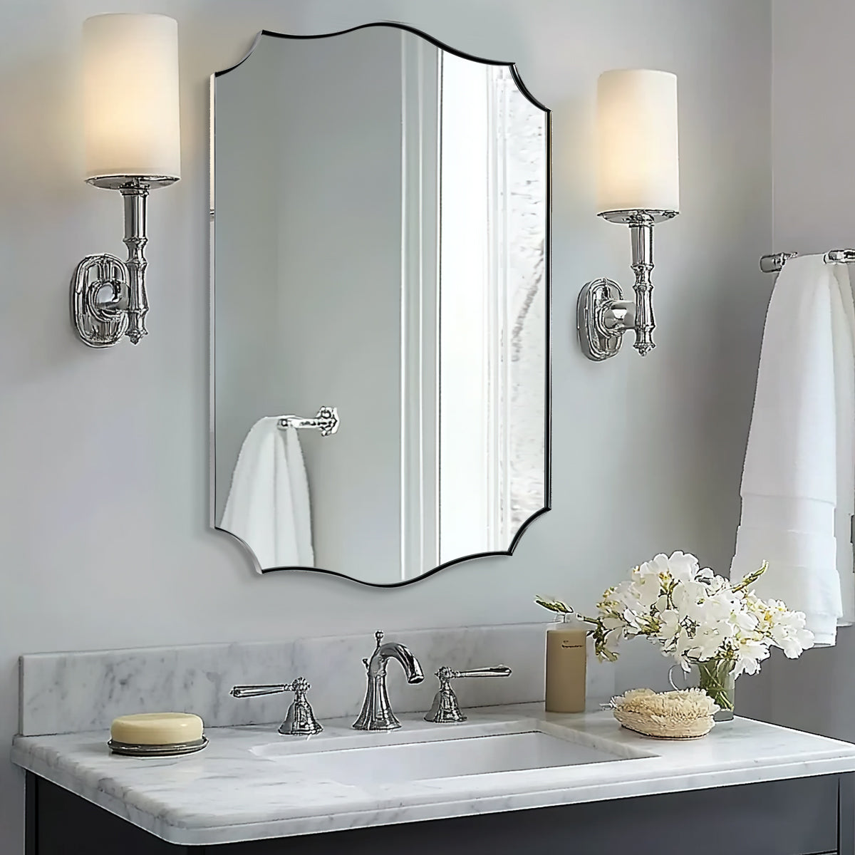Traditional Rectangle Scalloped Wall Mirror for Bathroom | Stainless Steel Frame