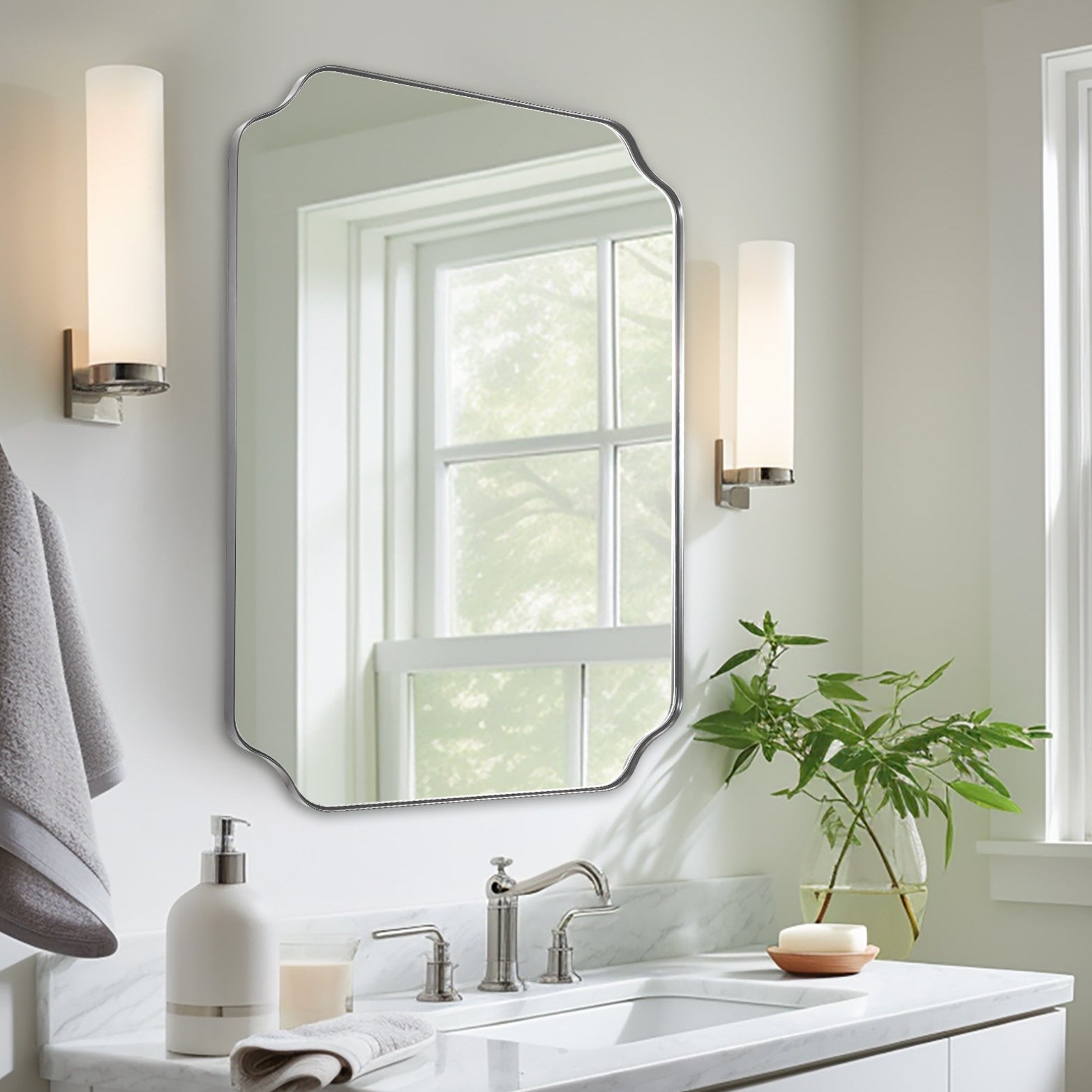 Contemporary Notched Corner Rectangle Scalloped Mirror for Wall /Bathroom | Stainless Steel Frame