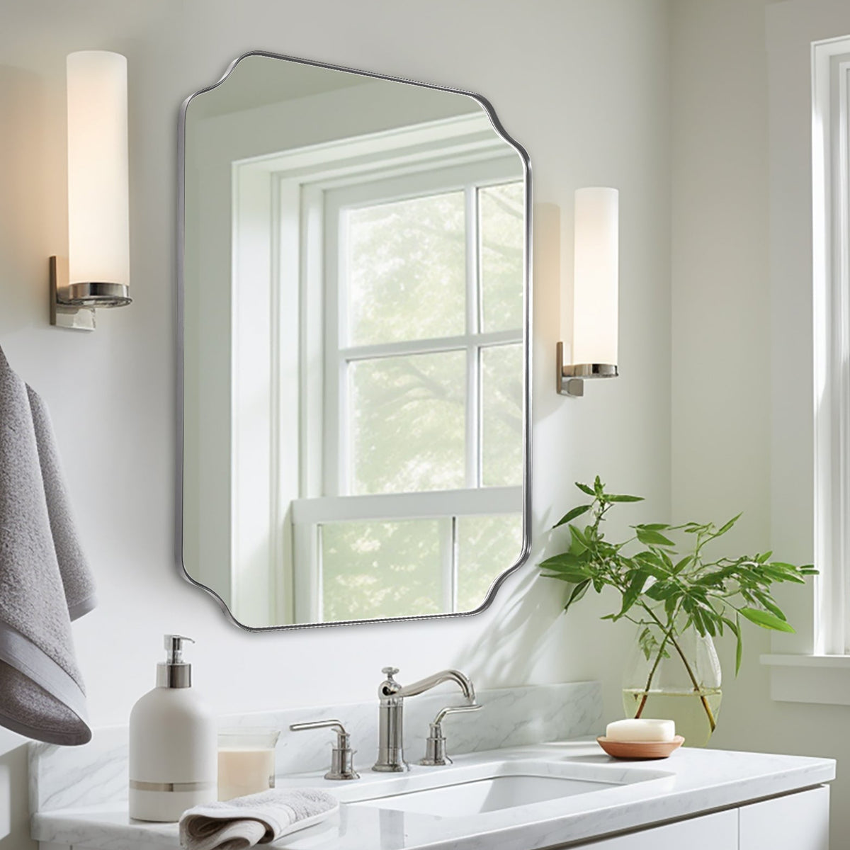 Modern Cut Corner Rectangle Scalloped Mirror for Wall /Bathroom | Stainless Steel Frame