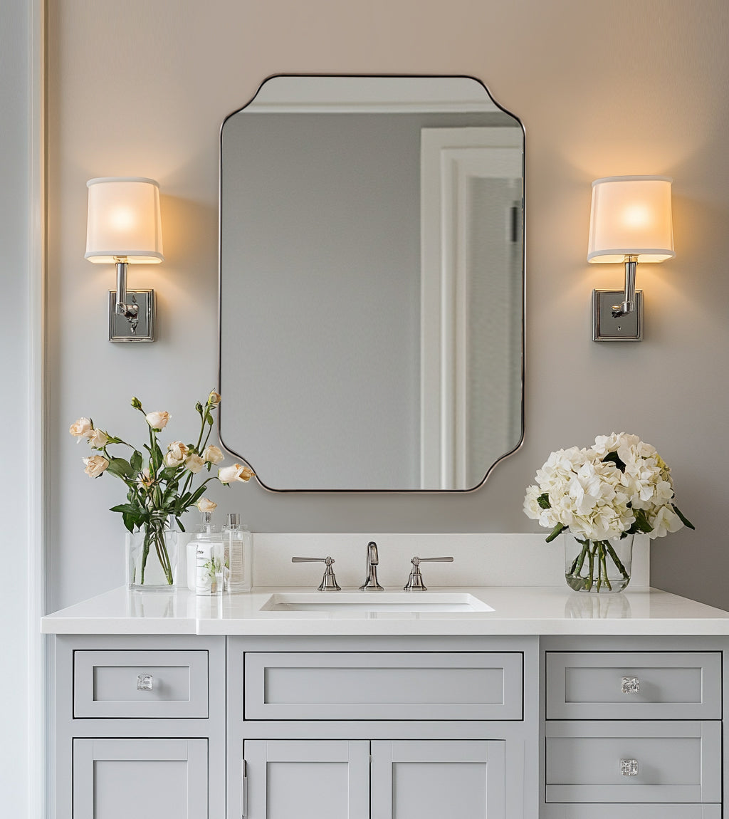 Contemporary Notched Corner Rectangle Scalloped Mirror for Wall /Bathroom | Stainless Steel Frame