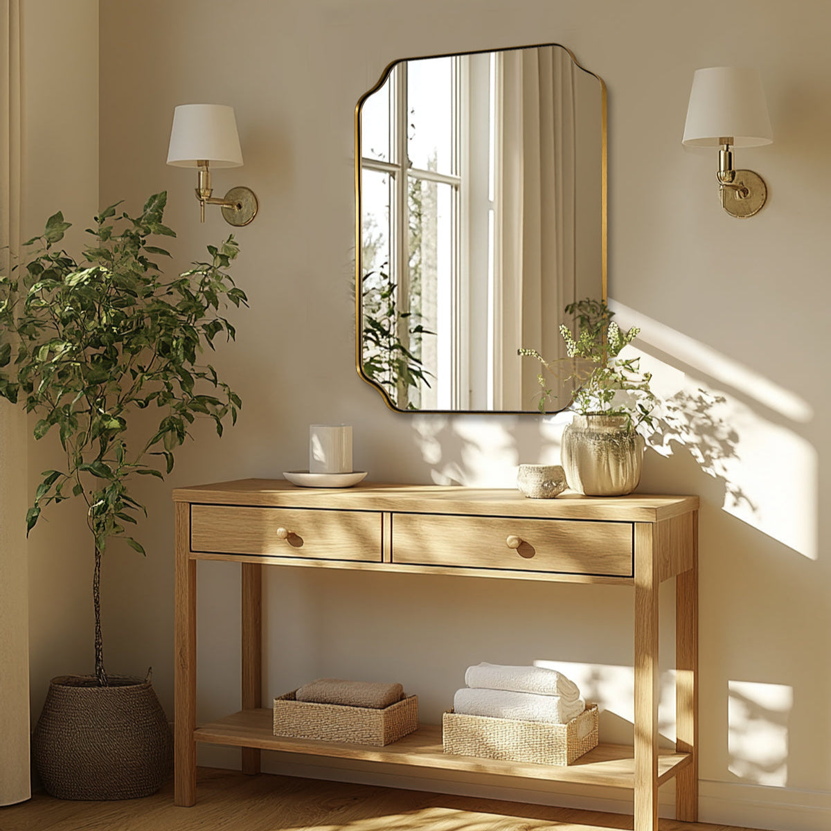 Modern Cut Corner Rectangle Scalloped Mirror for Wall /Bathroom | Stainless Steel Frame