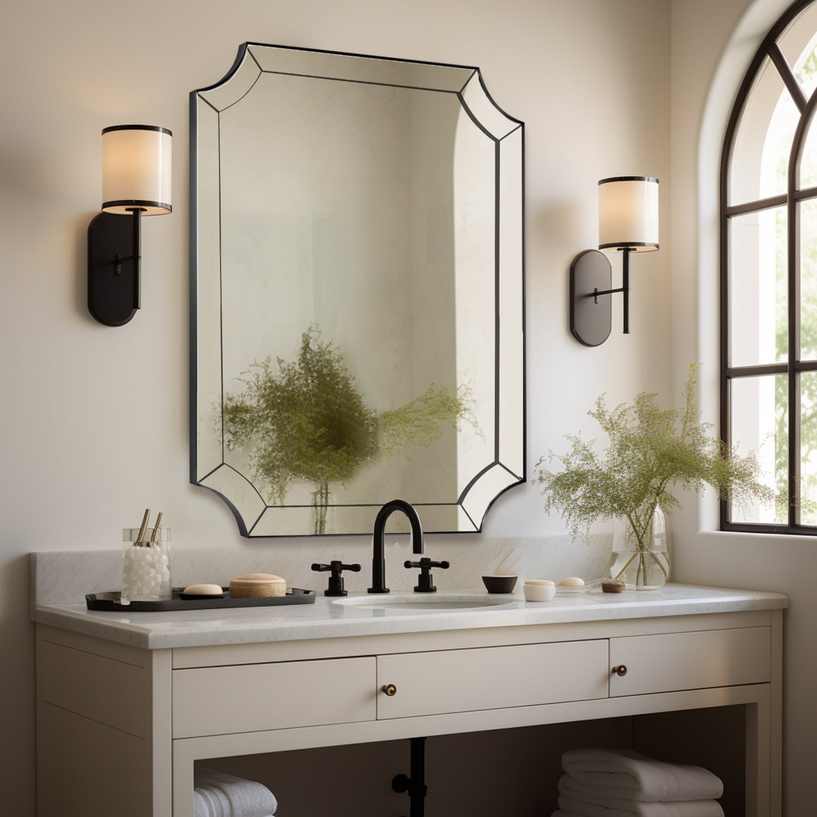 Minuette Glass Tiles Edge Scalloped Bathroom Vanity Mirrors | Stainless Steel Frame