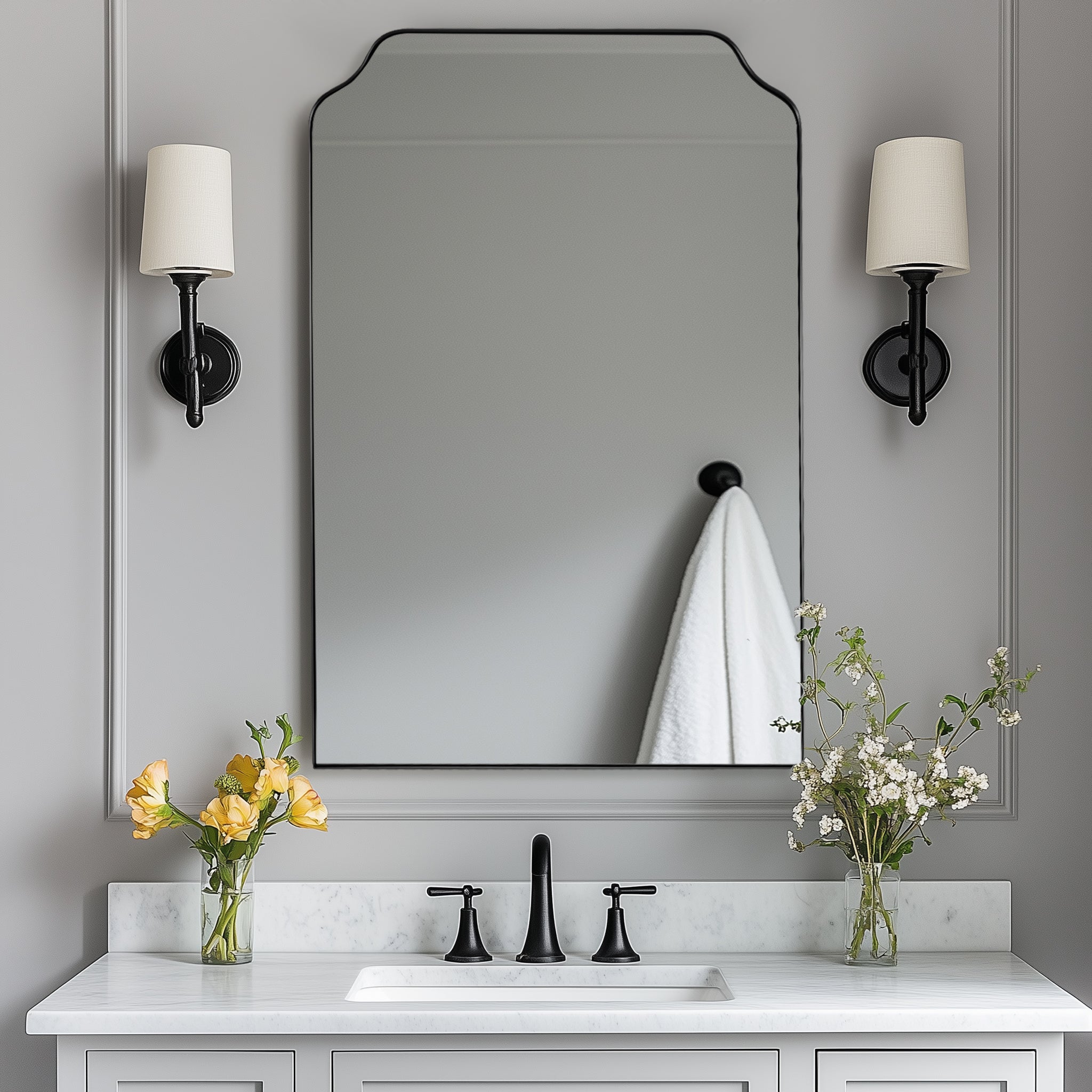 Modern Top Notched Corner Scalloped Bathroom Rectangle Vanity Wall Mirror | Stainless Steel Frame