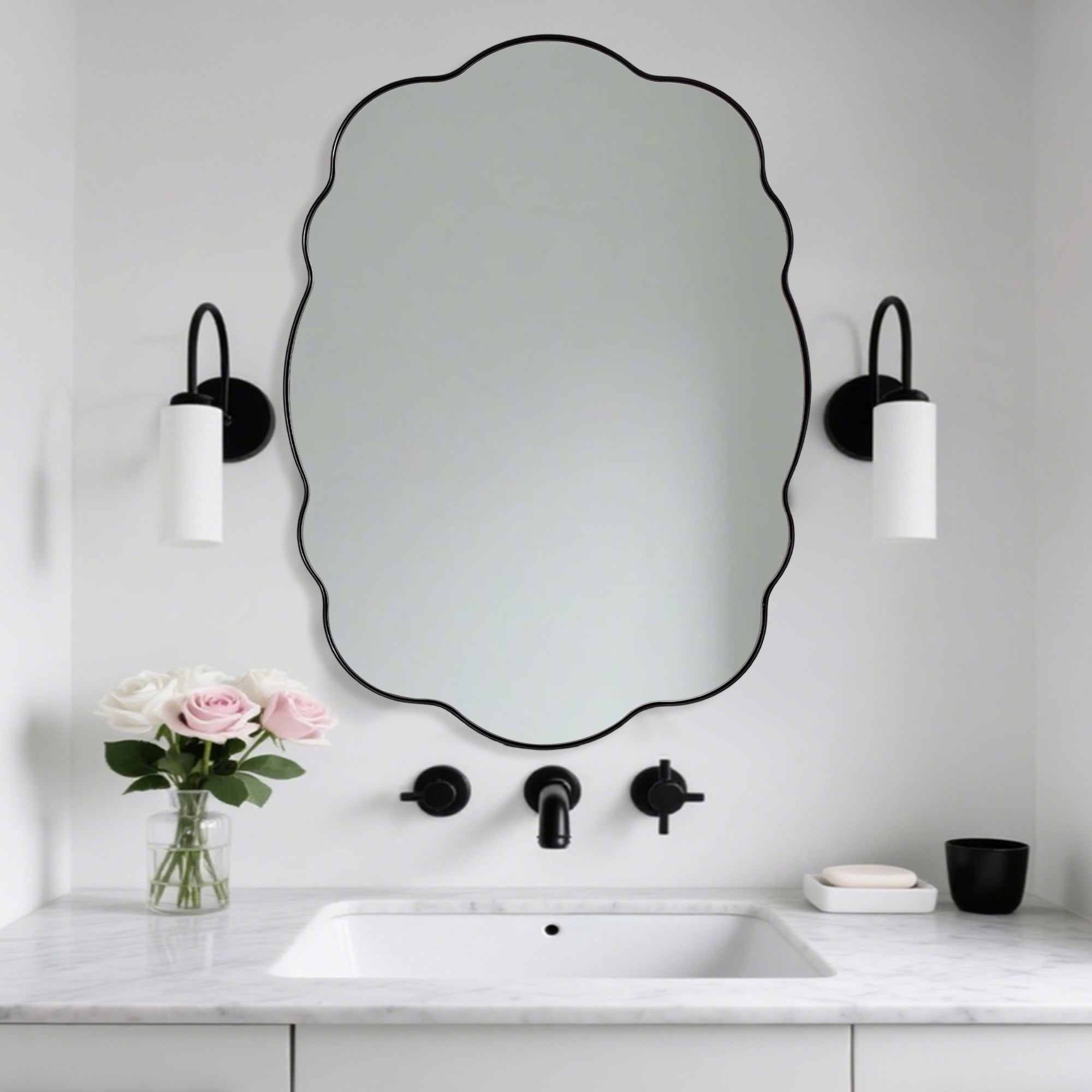 Contemporary Wavy Oval Scalloped Bathroom Vanity Mirror Irregular Decorative Mirror| Stainless Steel Framed