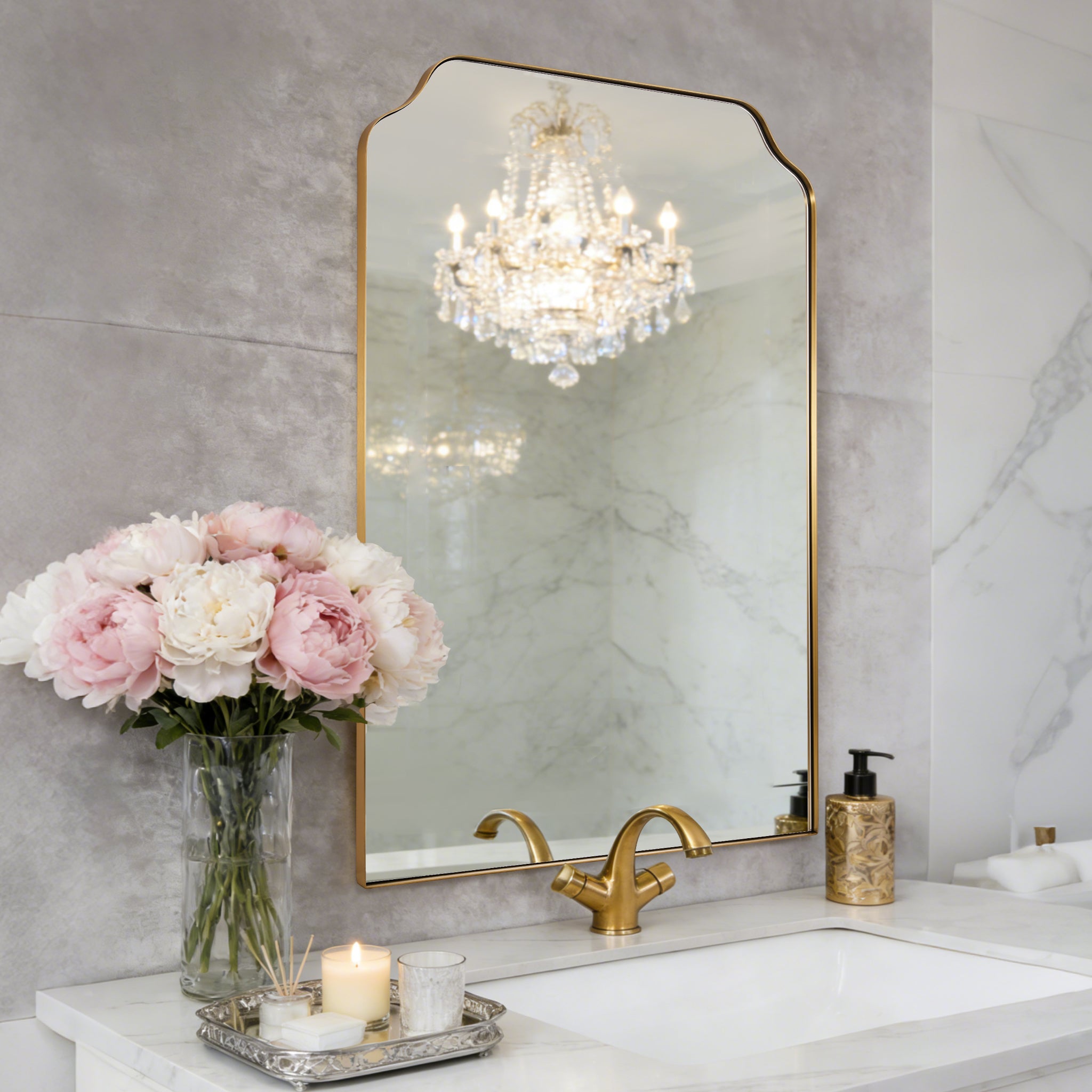 Modern Top Notched Corner Scalloped Bathroom Rectangle Vanity Wall Mirror | Stainless Steel Frame