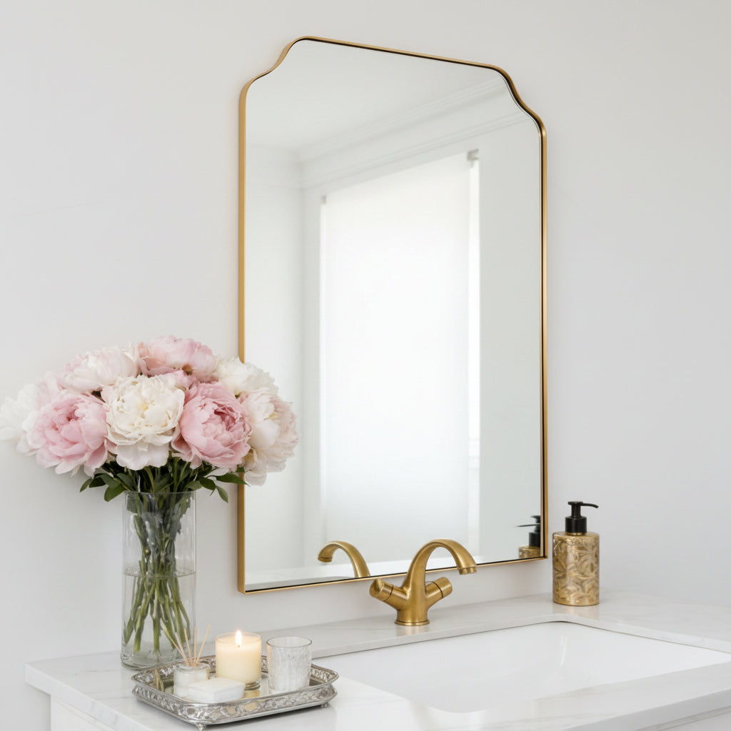 Modern Top Notched Corner Scalloped Bathroom Rectangle Vanity Wall Mirror | Stainless Steel Frame