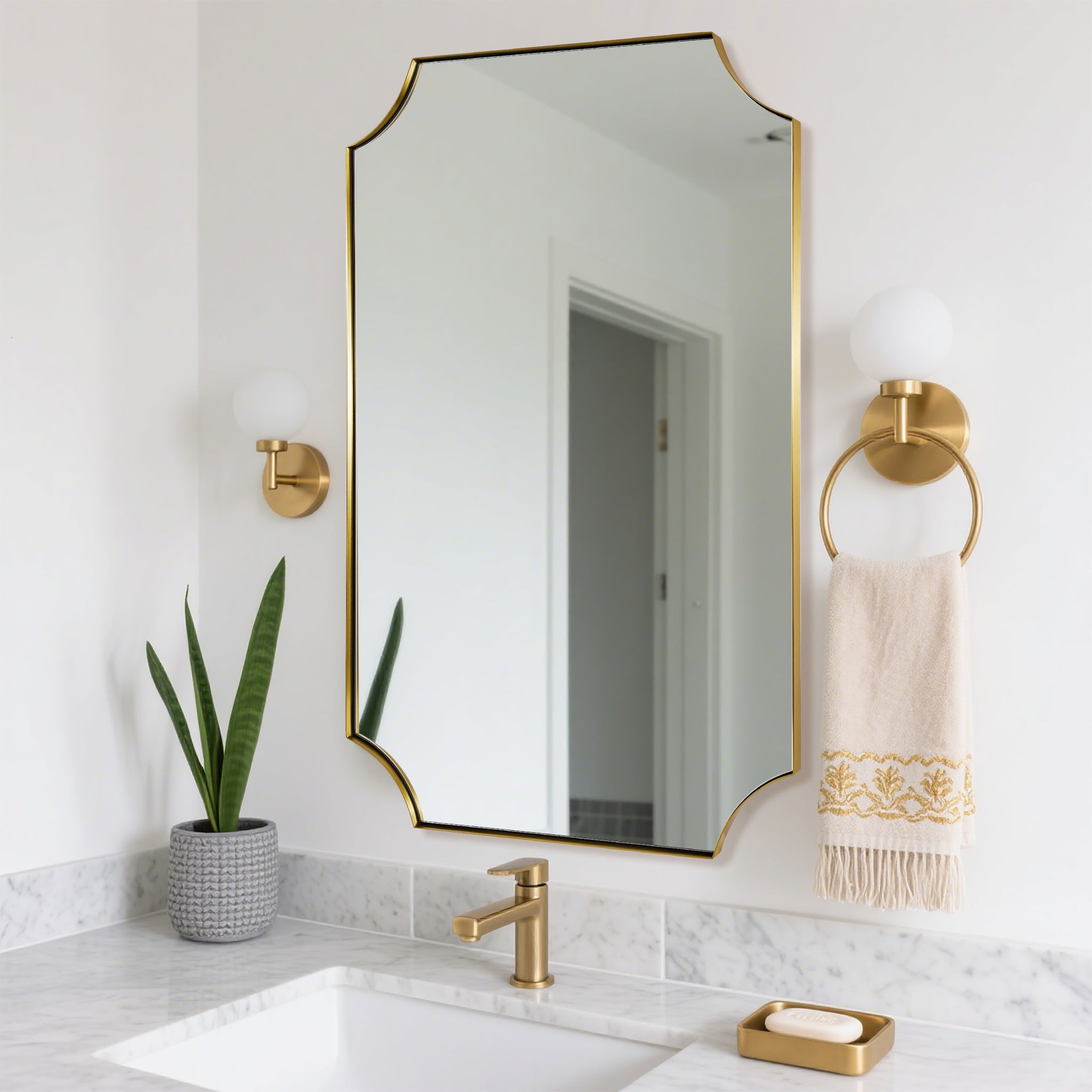 Contemporary Notched Corner Scalloped Rectangle Bathroom Vanity Mirror | Stainless Steel Frame