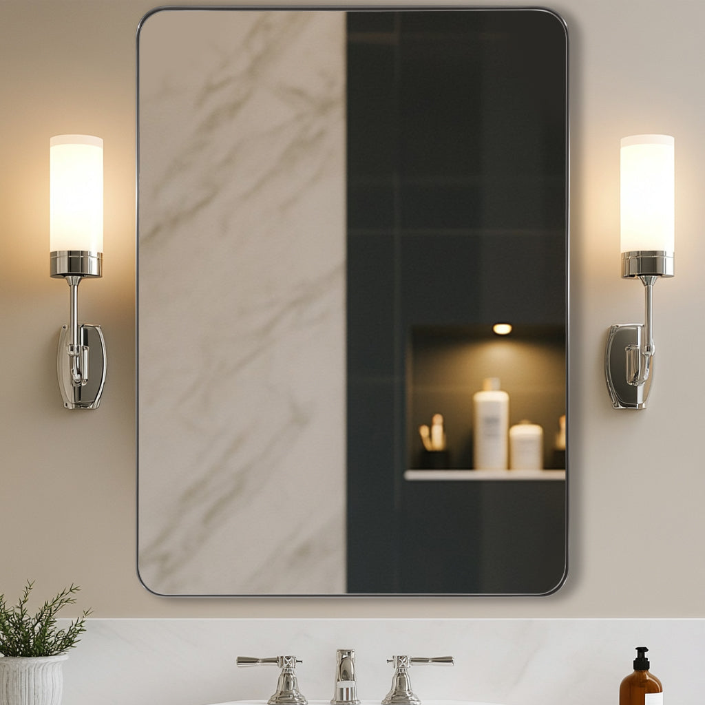 Open Box Like New : Modern Rounded Rectangle Mirror for Bathroom/ Vanity/ Wall | Stainless Steel Frame