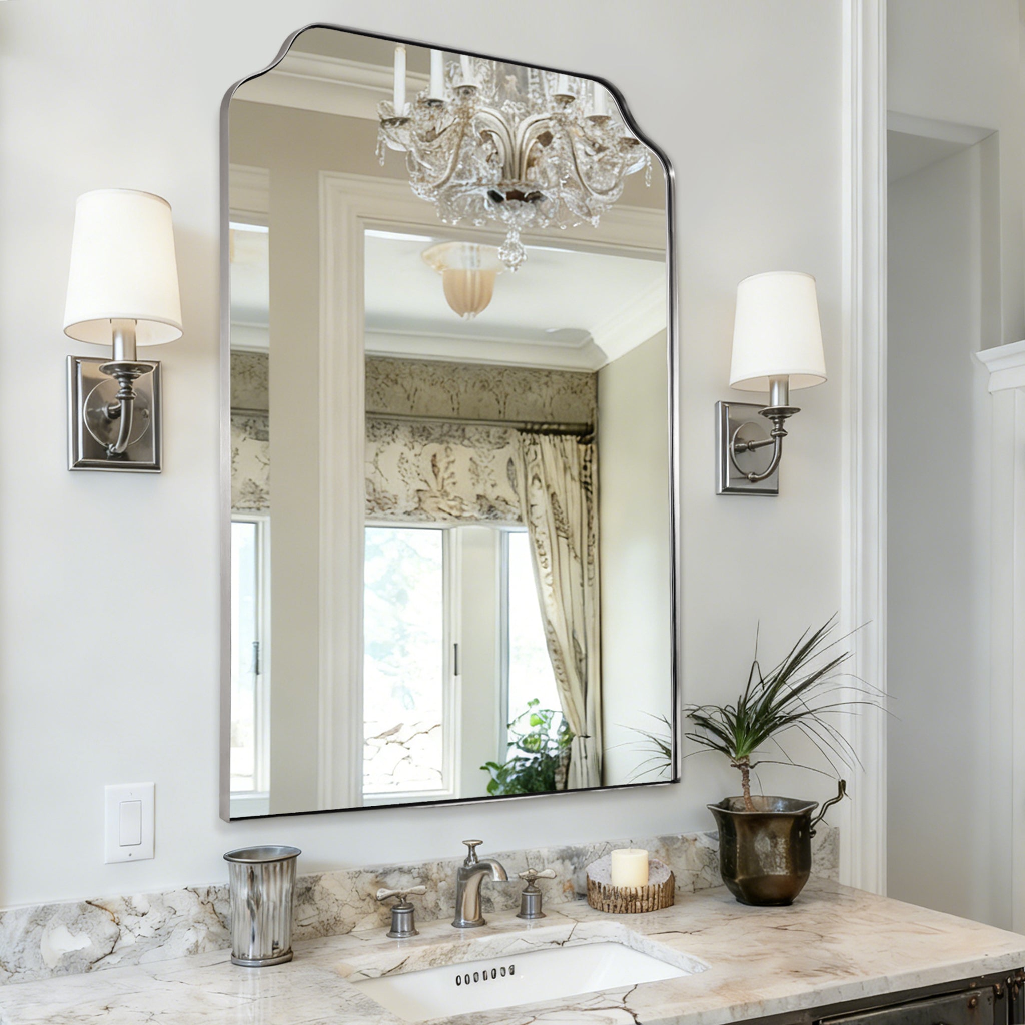 Modern Top Notched Corner Scalloped Bathroom Rectangle Vanity Wall Mirror | Stainless Steel Frame