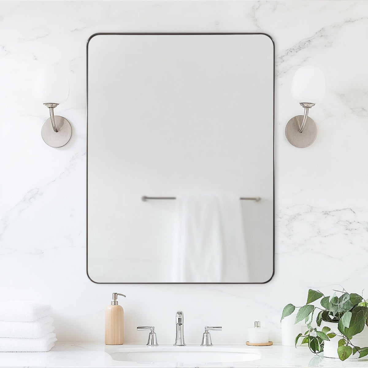 Open Box Like New : Modern Rounded Rectangle Mirror for Bathroom/ Vanity/ Wall | Stainless Steel Frame