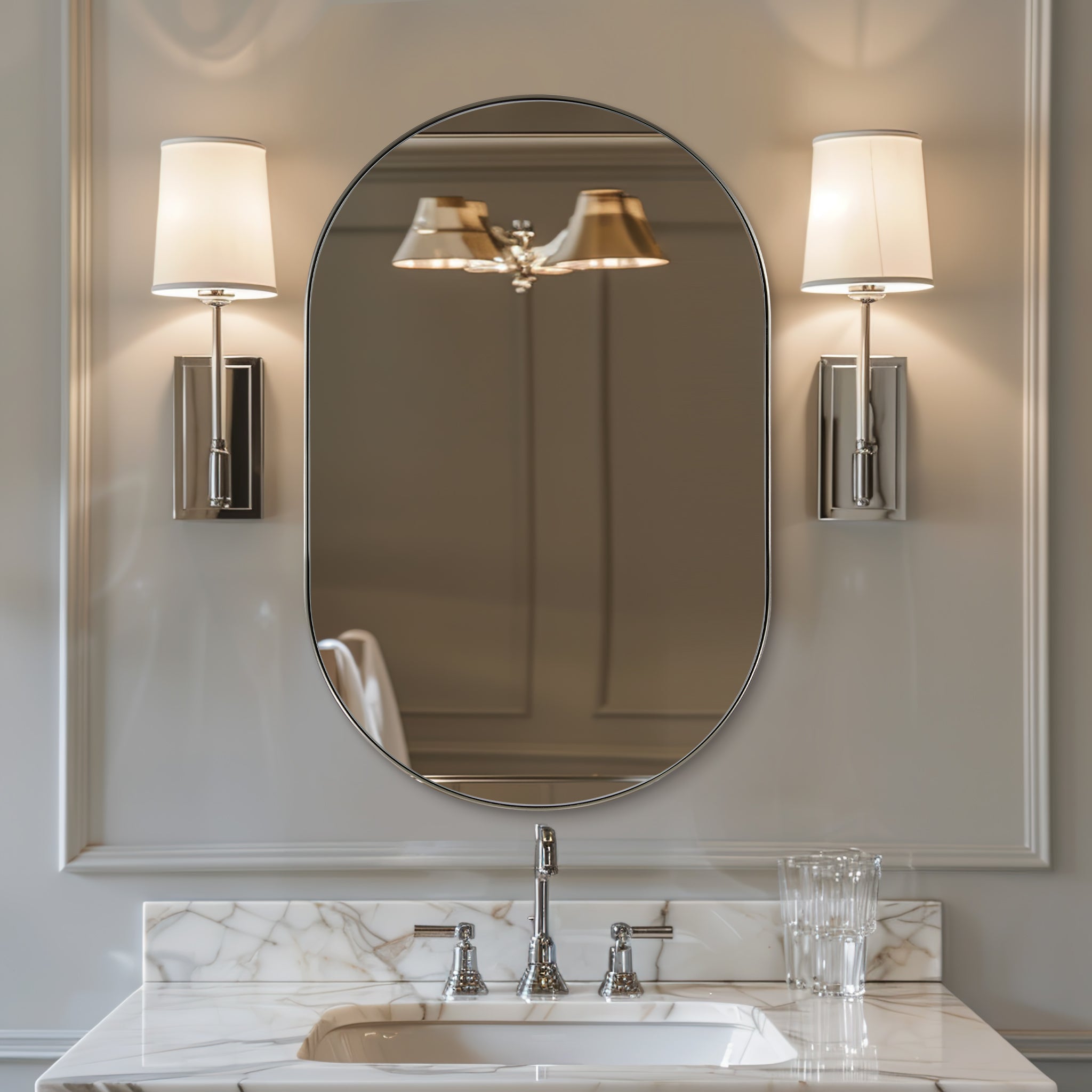 Modern Pill Shaped Capsule Wall Mirrors Long Oval Bathroom Vanity Mirror | Stainless Steel Frame