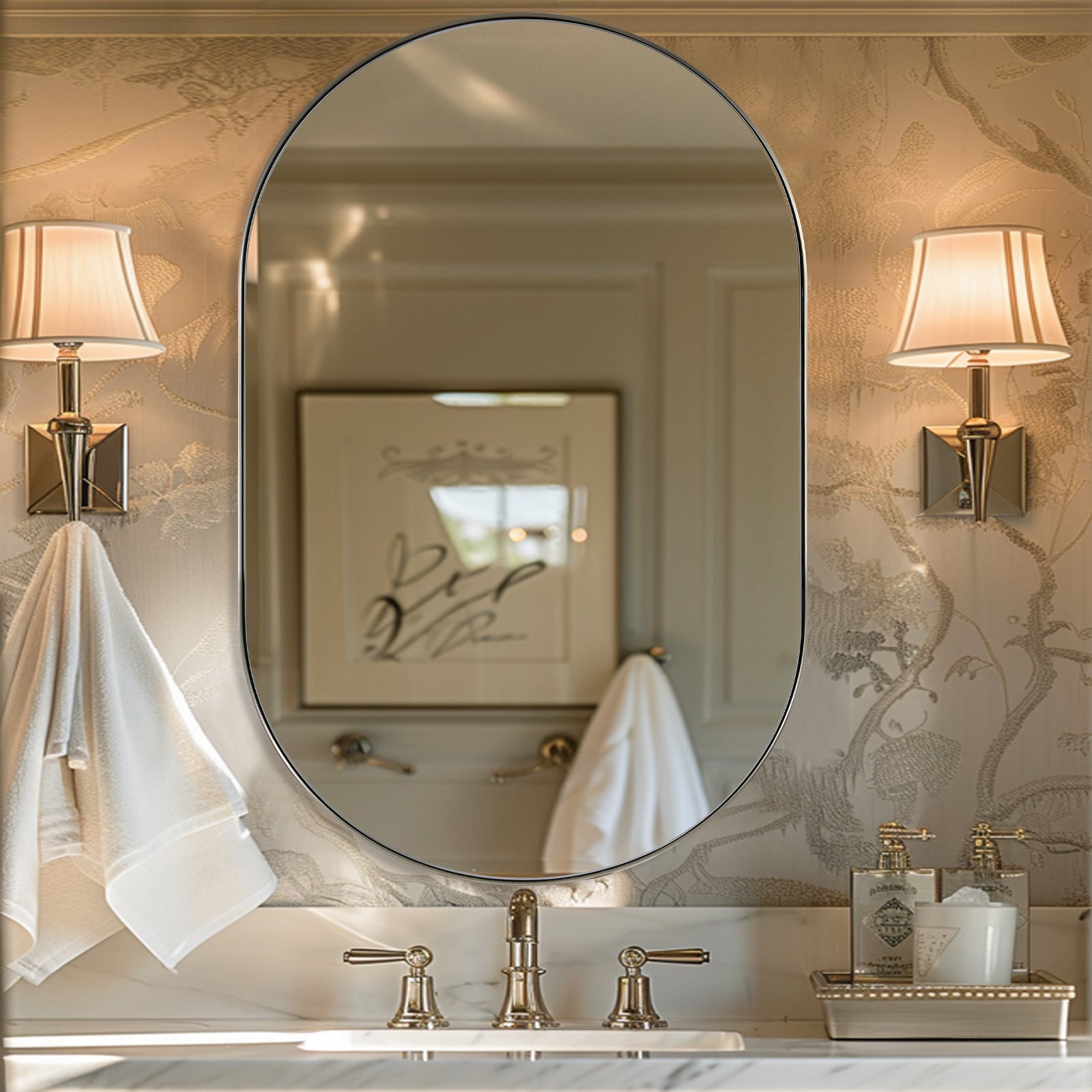 Modern Pill Shaped Capsule Wall Mirrors Long Oval Bathroom Vanity Mirror | Stainless Steel Frame