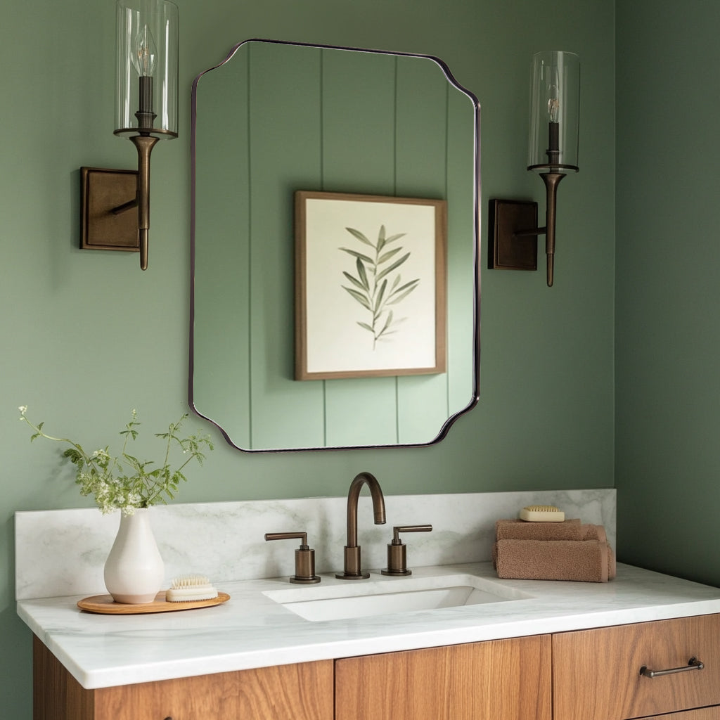 Open Box Like New:Notched Corner Irregular Scalloped Rectangle Mirrors | Stainless Steel Frame