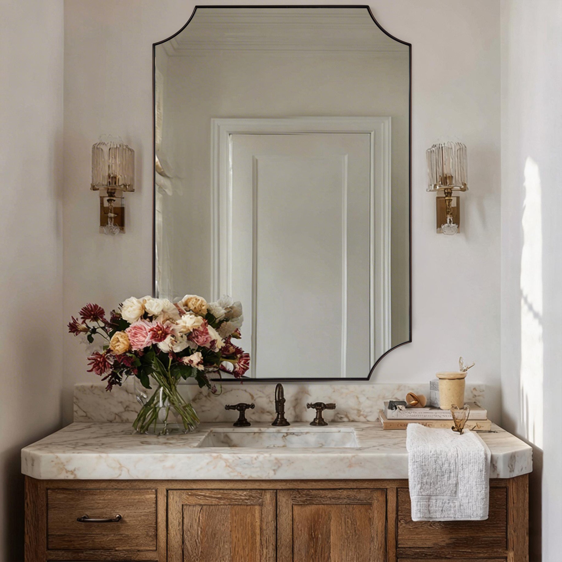 Contemporary Notched Corner Scalloped Rectangle Bathroom Vanity Mirror | Stainless Steel Frame