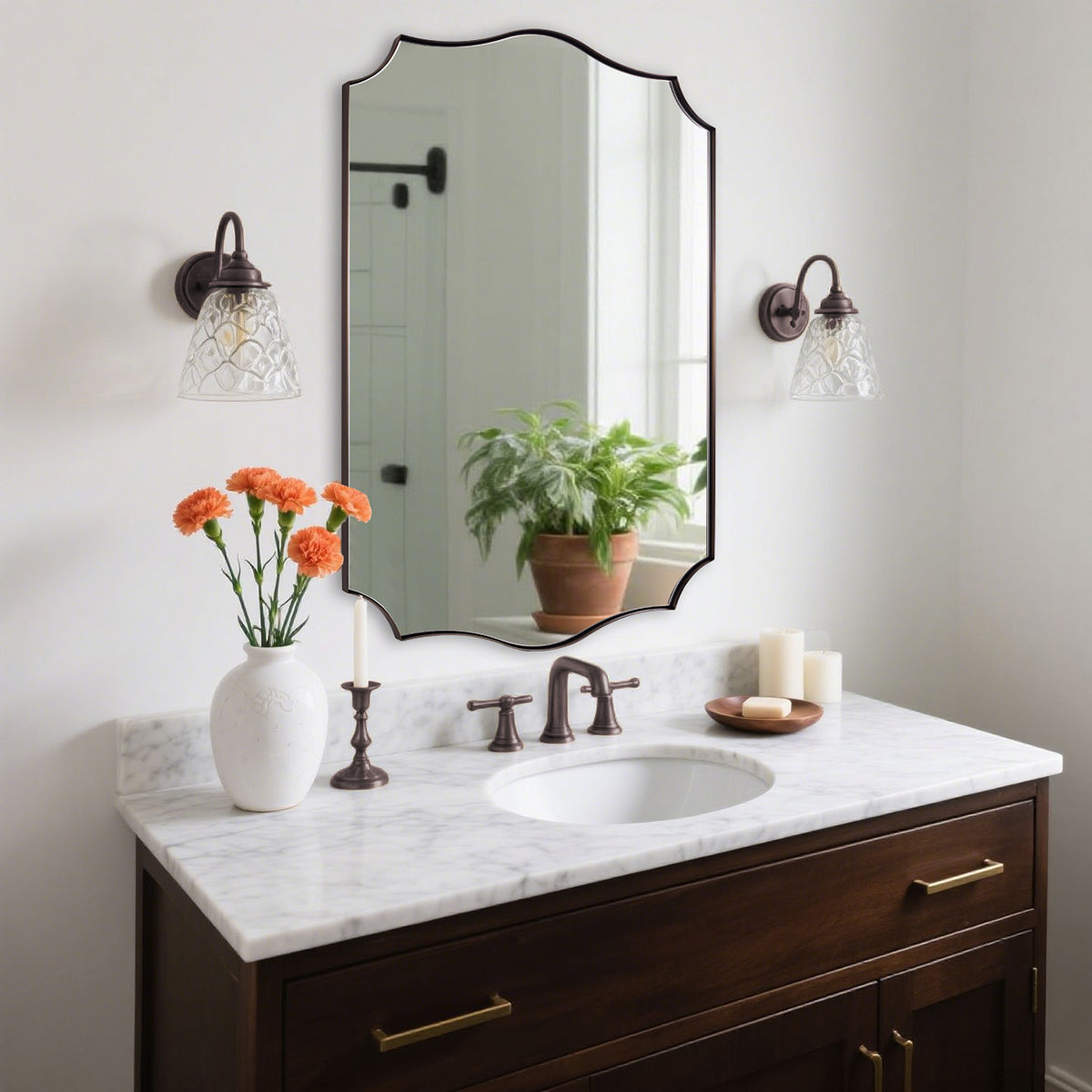 Traditional Rectangle Scalloped Wall Mirror for Bathroom | Stainless Steel Frame