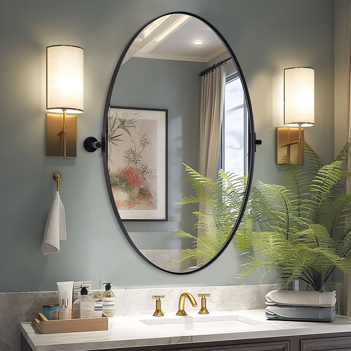 Oval Pivot Mirrors Adjustable Tilting Angle Floating Bathroom Mirror| Stainless Steel Framed