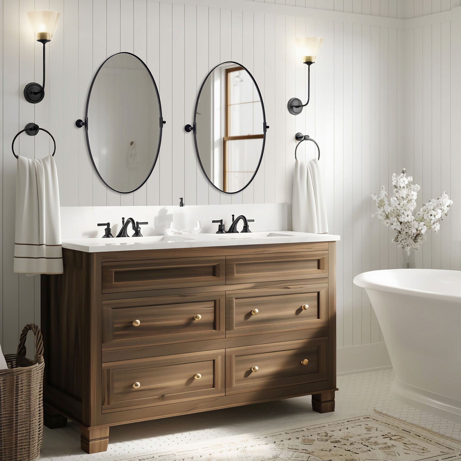 Oval Pivot Mirrors Adjustable Tilting Angle Floating Bathroom Mirror| Stainless Steel Framed