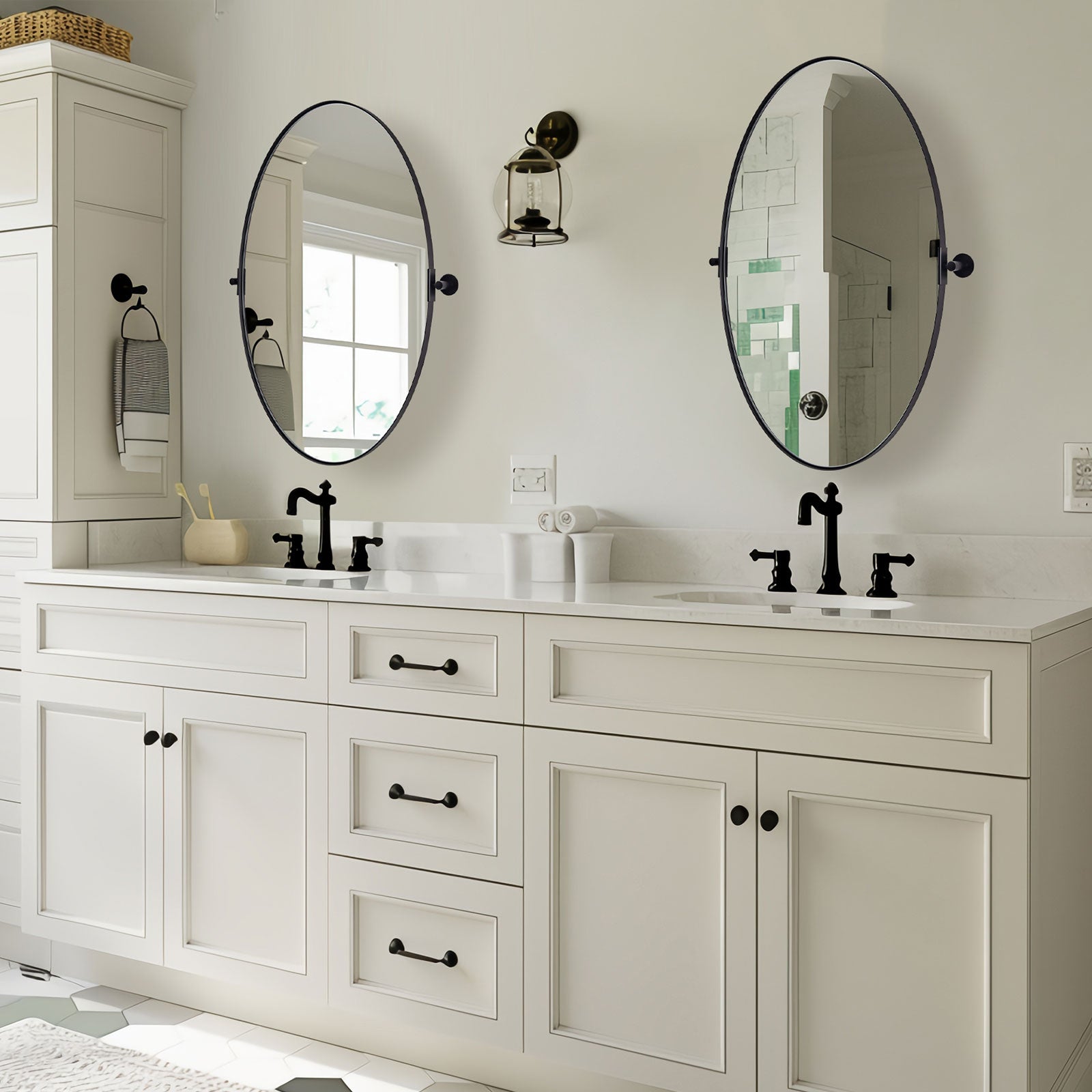 Oval Pivot Mirrors Adjustable Tilting Angle Floating Bathroom Mirror| Stainless Steel Framed