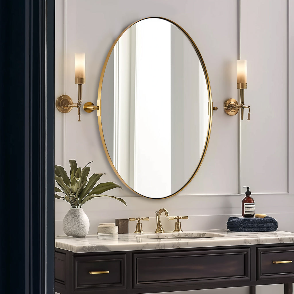 Oval Pivot Mirrors Adjustable Tilting Angle Floating Bathroom Mirror| Stainless Steel Framed
