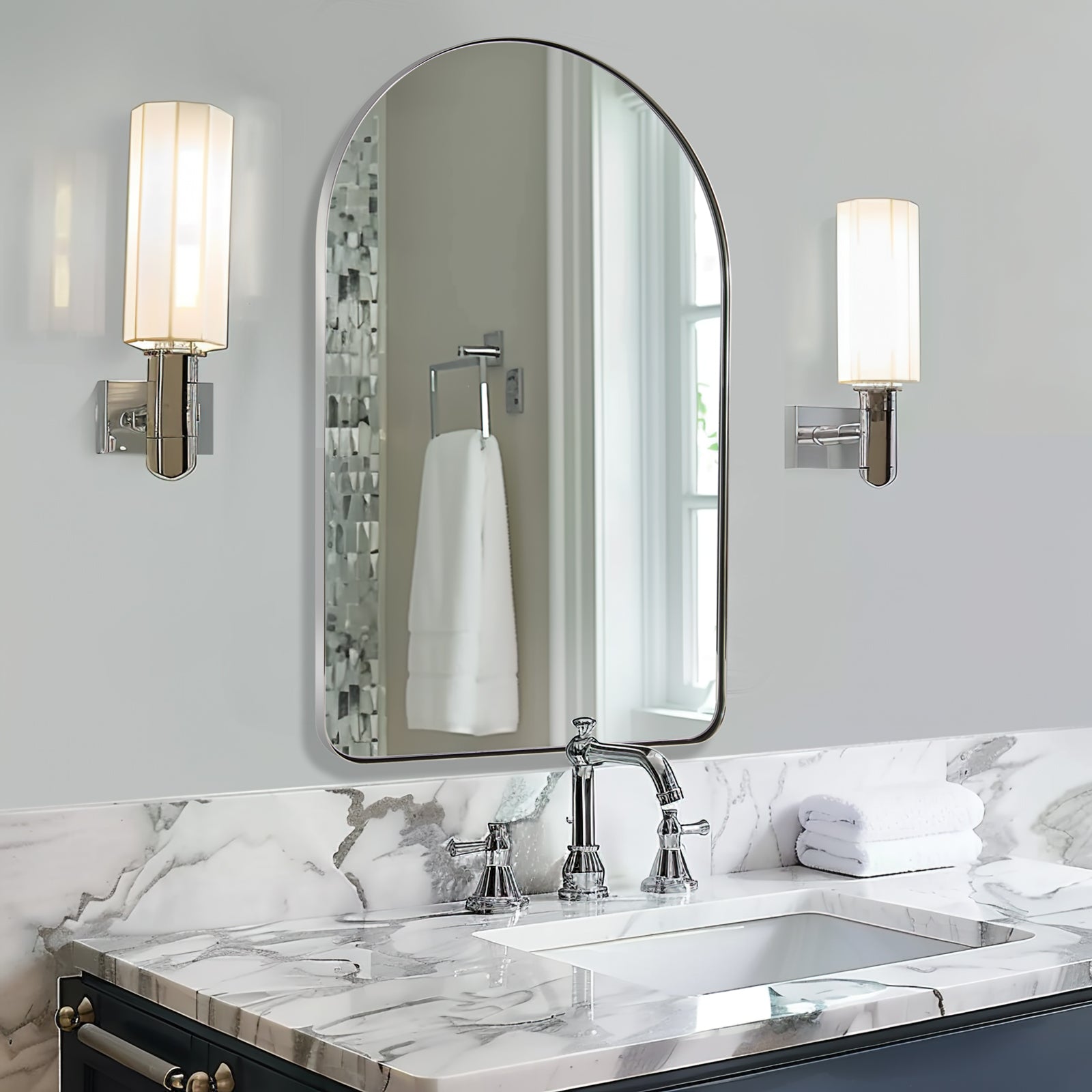 Contemporary Arched Bathroom Vanity Mirror | Stainless Steel Frame