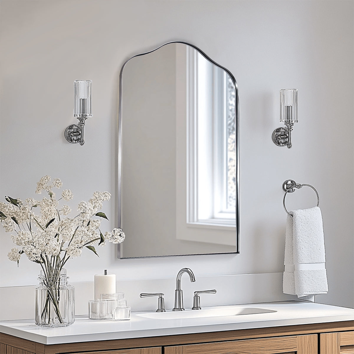 Contemporary Arch Top Curved Arched Bathroom Vanity Mirror | Stainless Steel Frame
