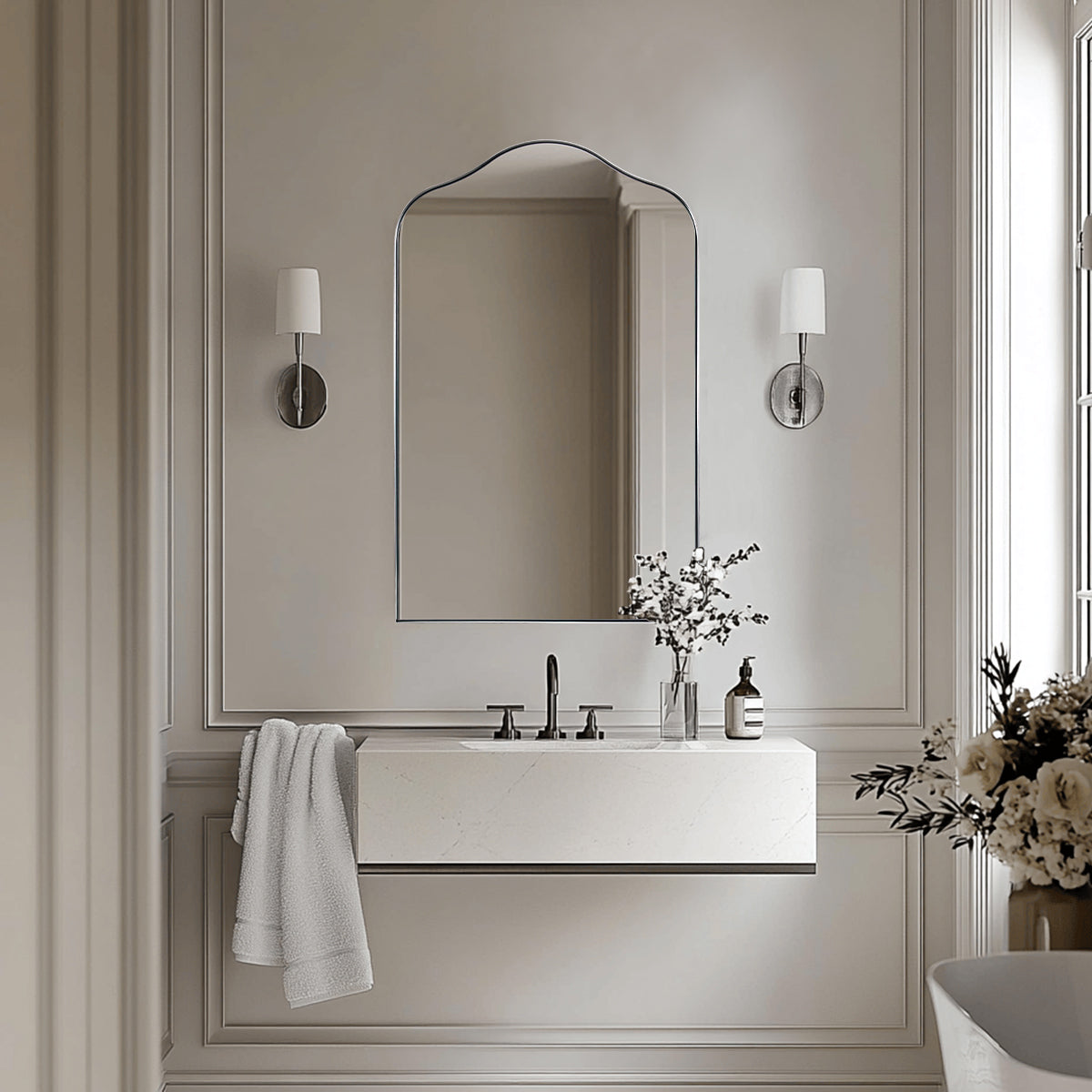 Contemporary Arch Top Curved Arched Bathroom Vanity Mirror | Stainless Steel Frame