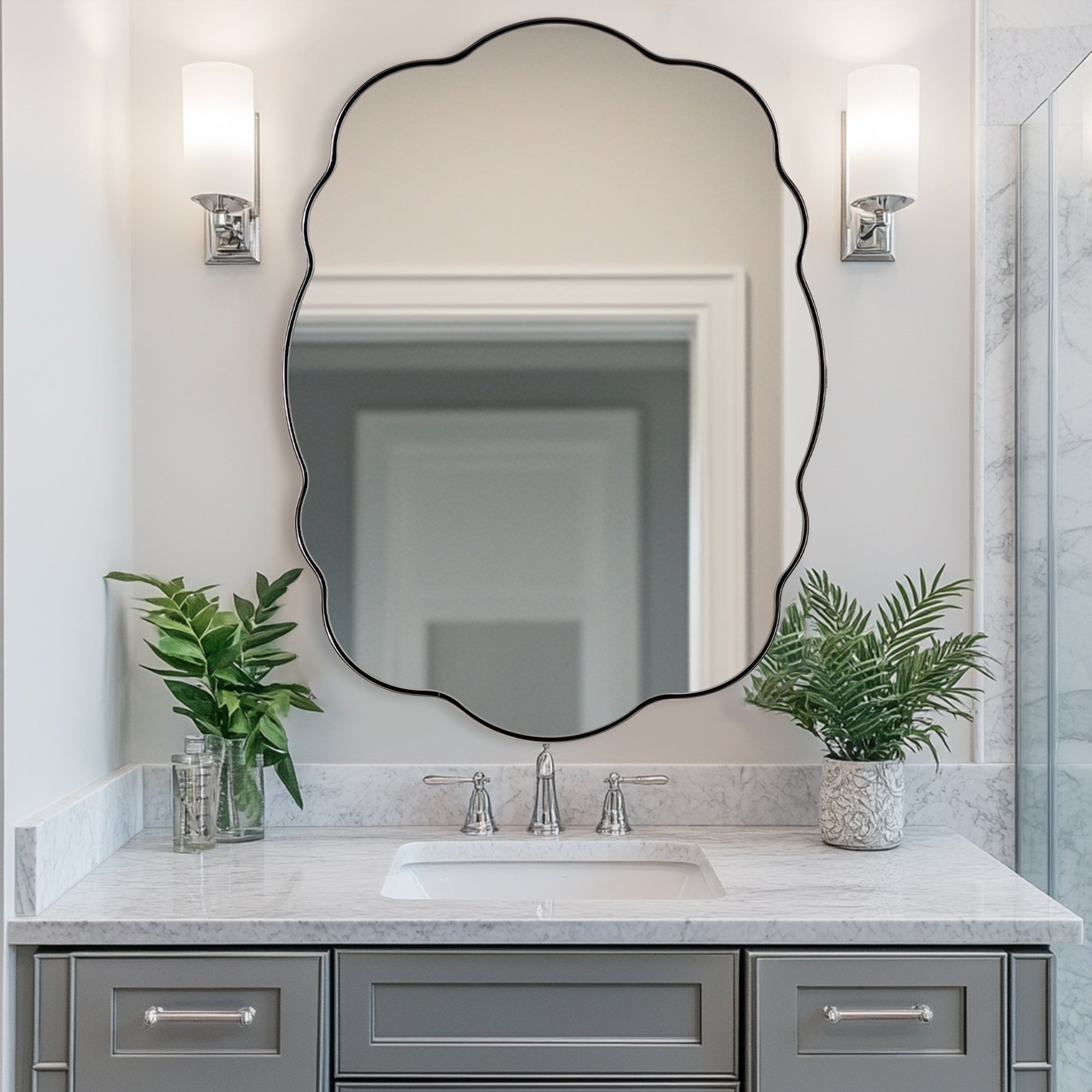 Contemporary Wavy Oval Scalloped Bathroom Vanity Mirror Irregular Decorative Mirror| Stainless Steel Framed