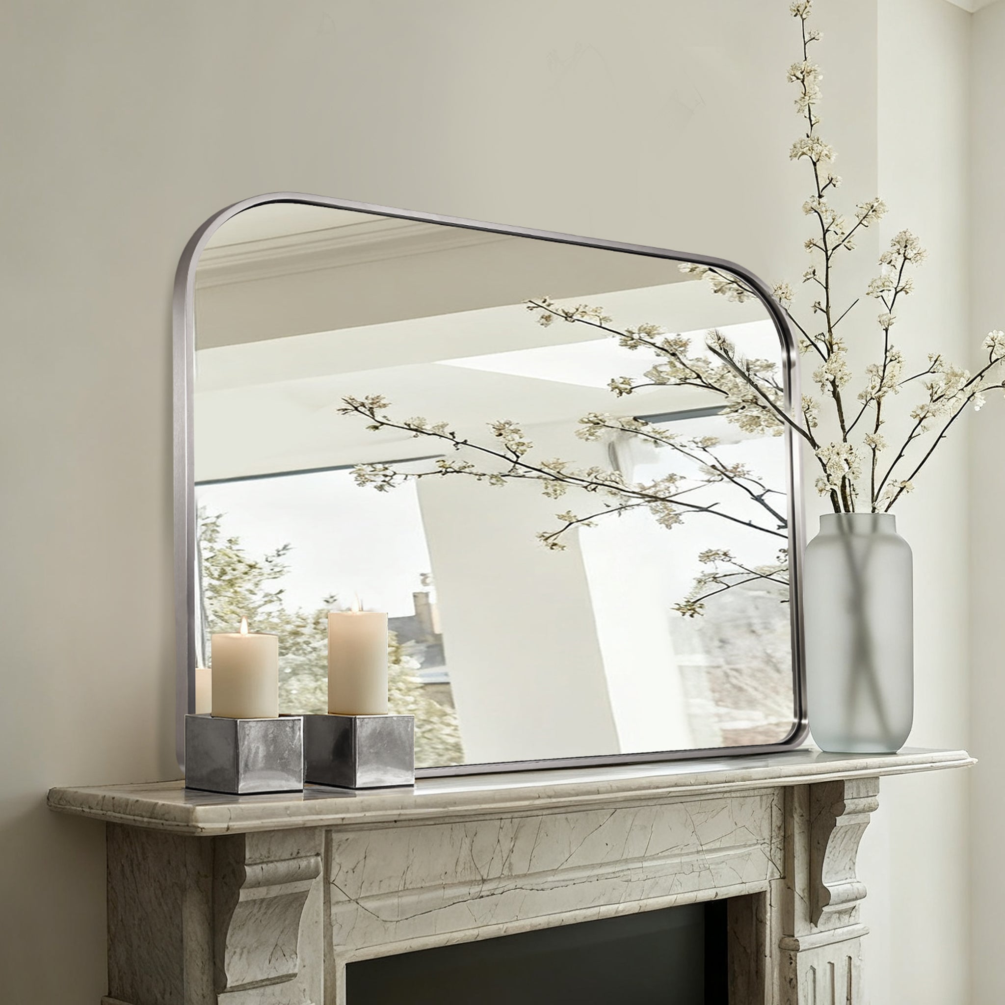 Anthropology Bold-Frame Wide Arch Mantel Mirror Bathroom Vanity Mirror ,Over the Fireplace | Stainless Steel Frame