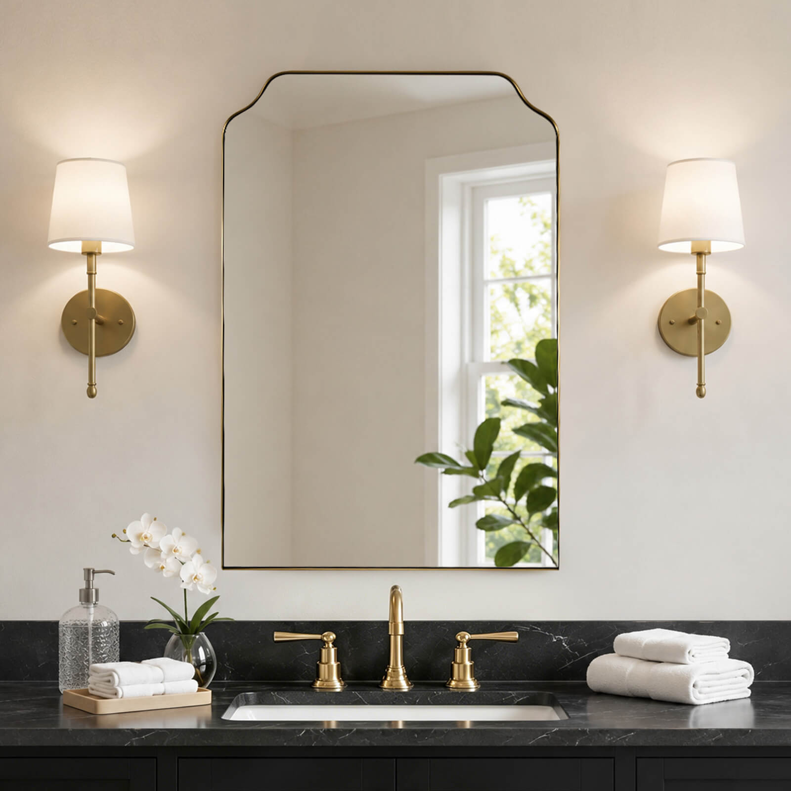 Modern Top Notched Corner Scalloped Bathroom Rectangle Vanity Wall Mirror | Stainless Steel Frame