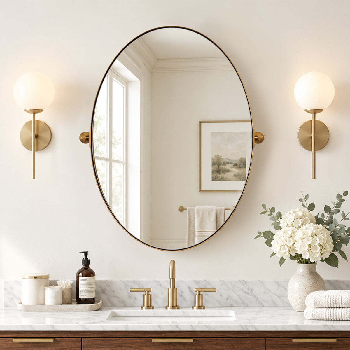Oval Pivot Mirrors Adjustable Tilting Angle Floating Bathroom Mirror| Stainless Steel Framed