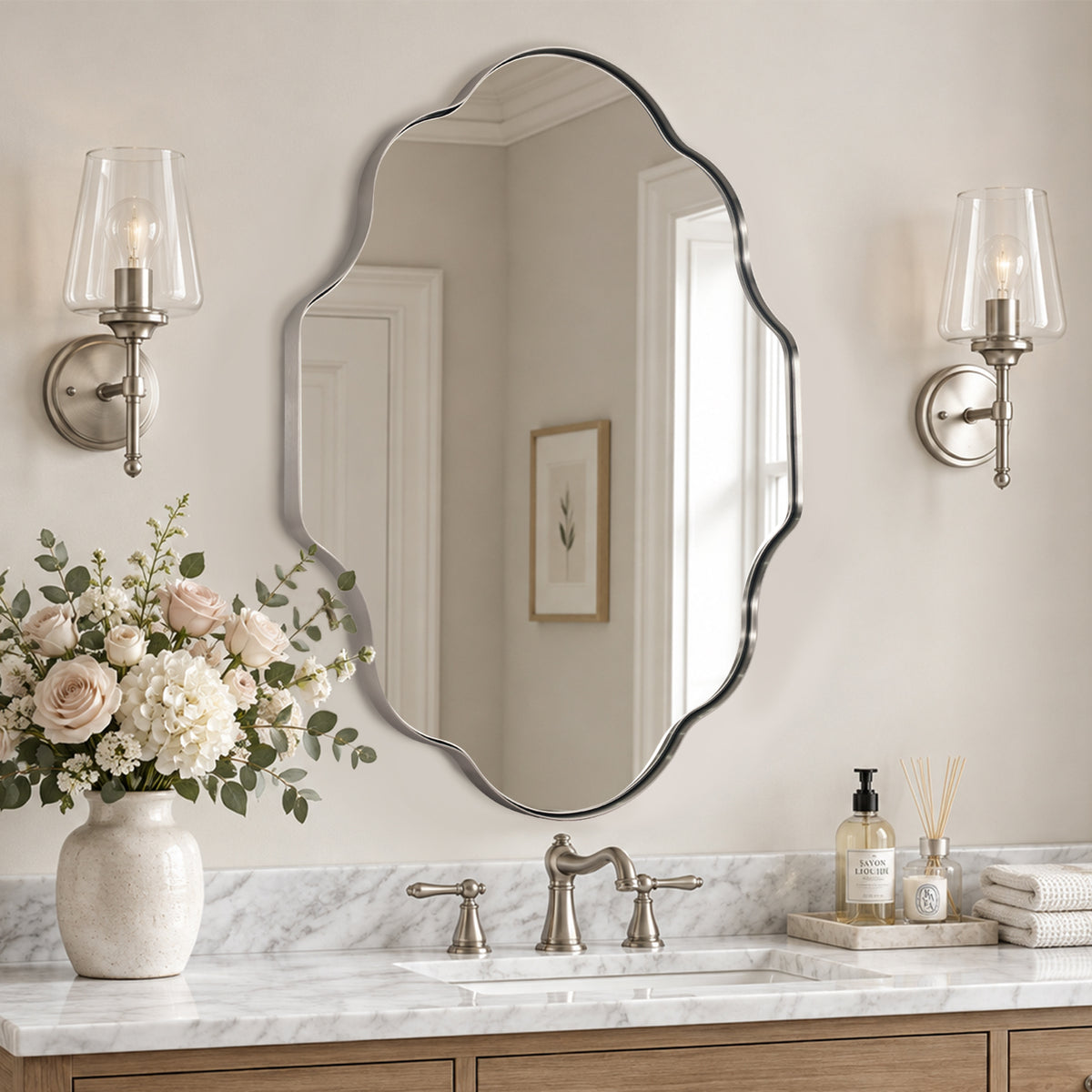 Modern Scalloped Oval Bathroom Vanity Mirror Wavy Wall Mirror | Stainless Steel Frame