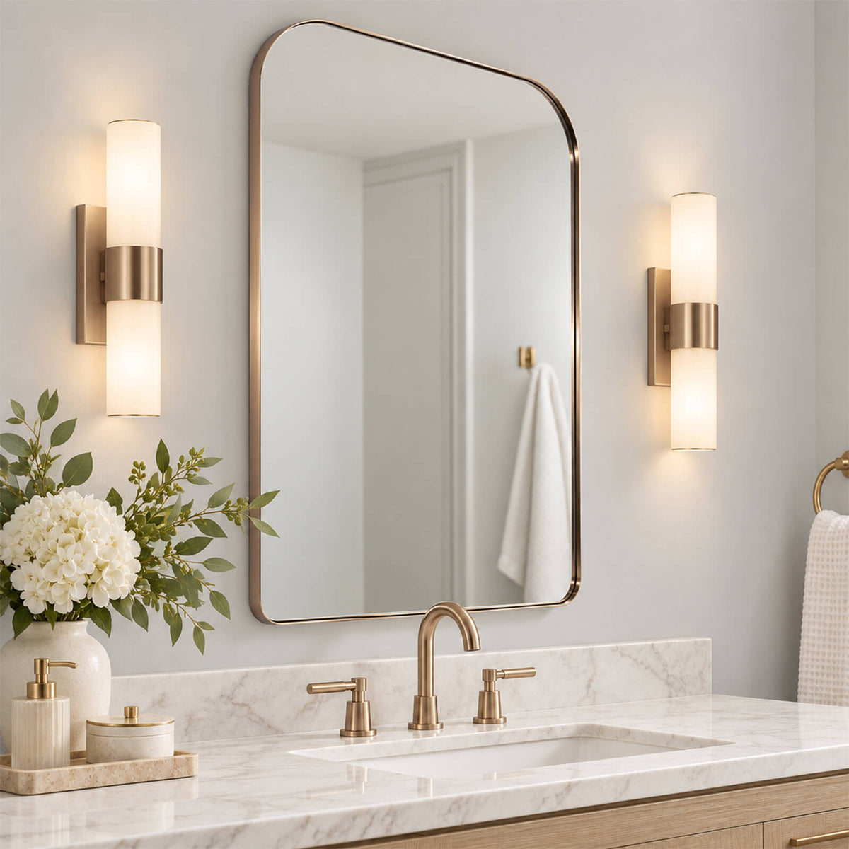 Modern Mantel Wide Arch Rectangle Bathroom Vanity Mirror | Stainless Steel Frame