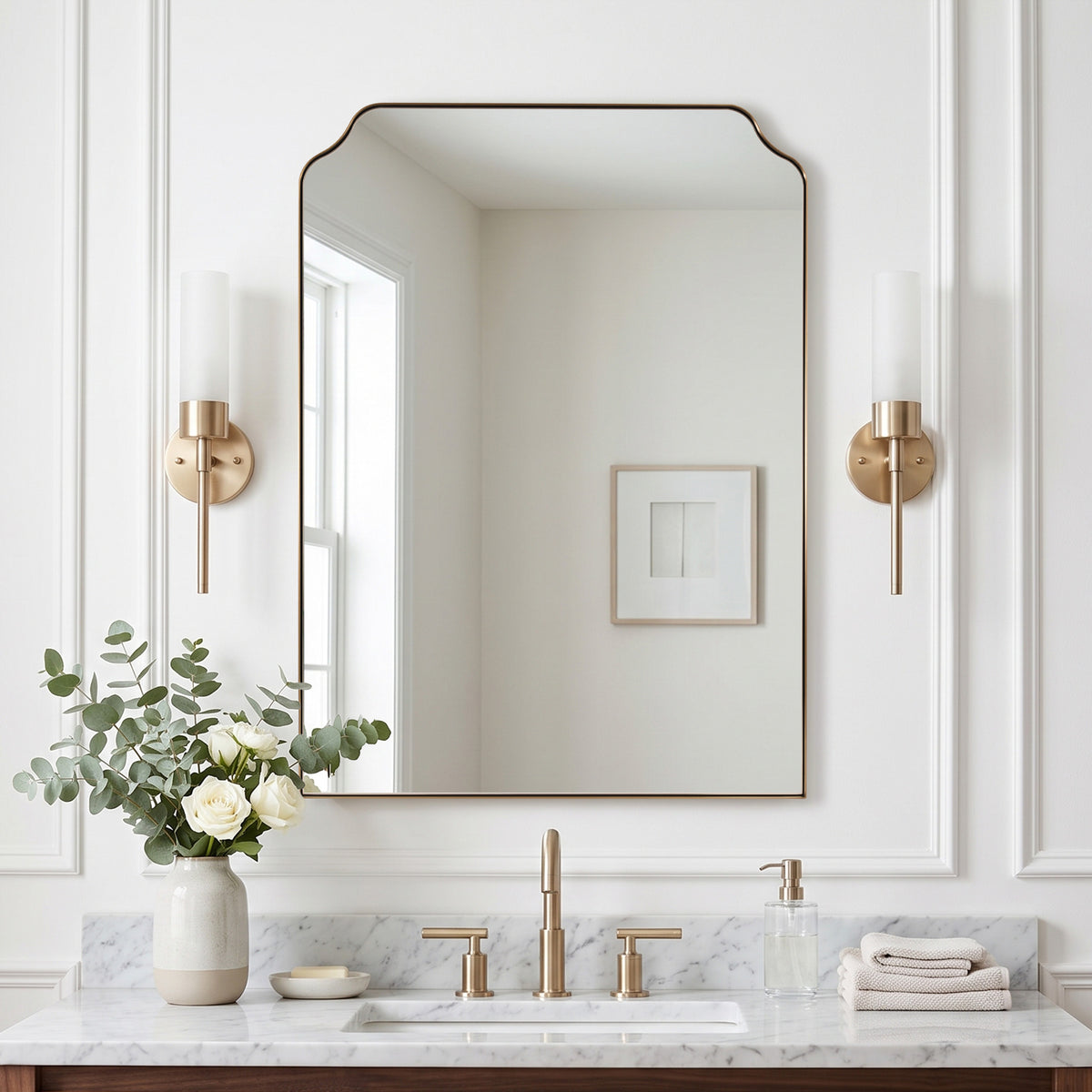 Contemporary Top Notched Corner Rectangle Scalloped Bathroom Vanity Mirror | Stainless Steel Frame