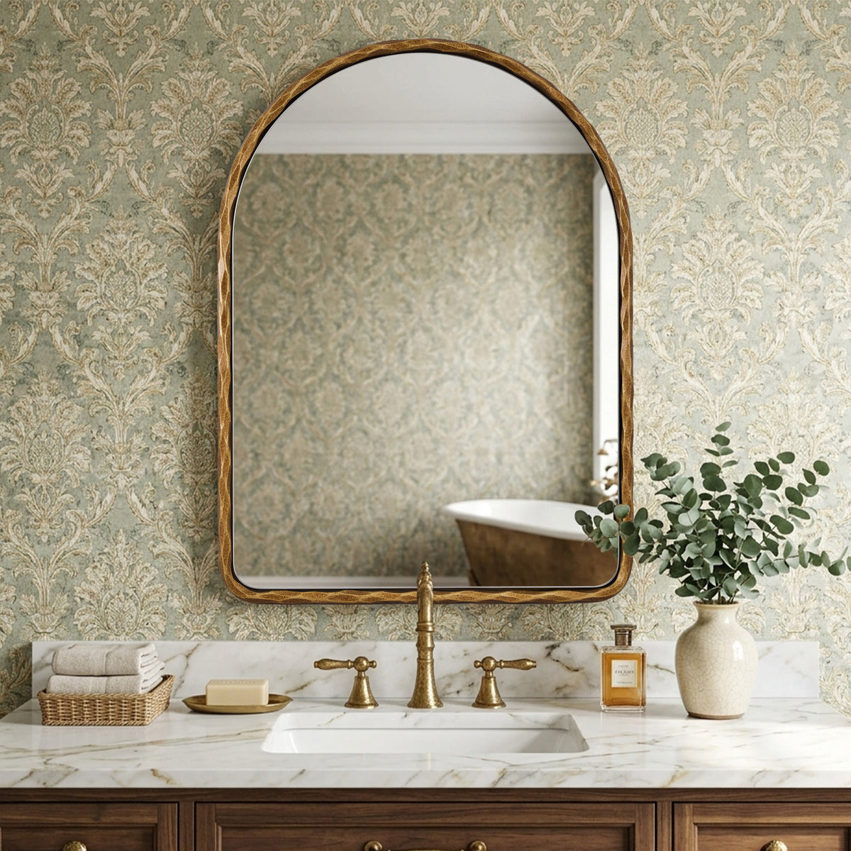 Antique Hand-Forged Iron Framed Arched Wrought Iron Bathroom Wall Mirror