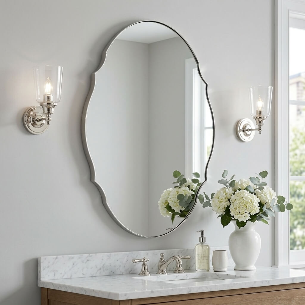 Contemporary Oval Scalloped Wall Mirror Irregular Bathroom Vanity Mirror| Stainless Steel Frame