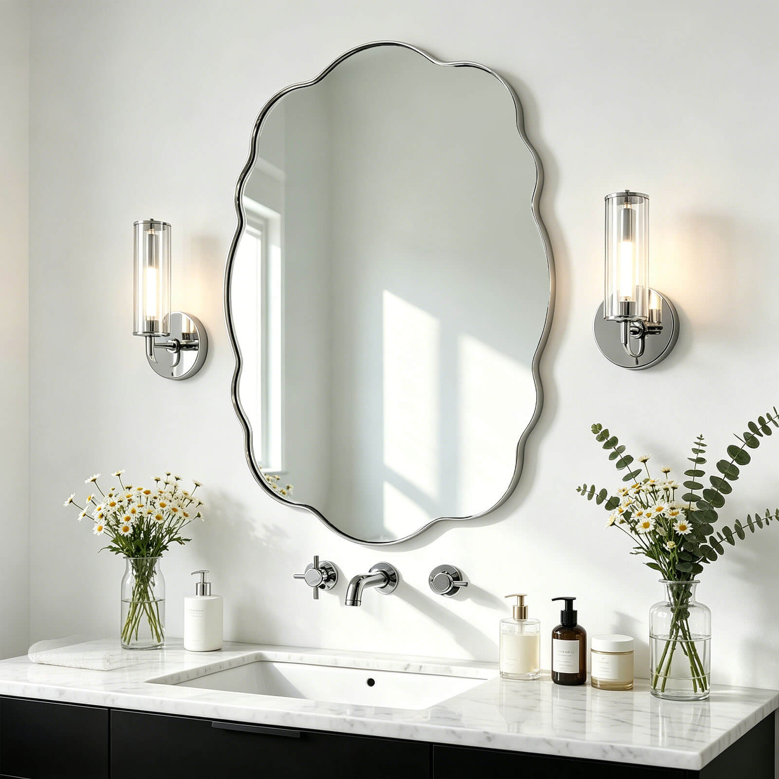 Contemporary Wavy Oval Scalloped Bathroom Vanity Mirror Irregular Organic Mirror| Stainless Steel Framed