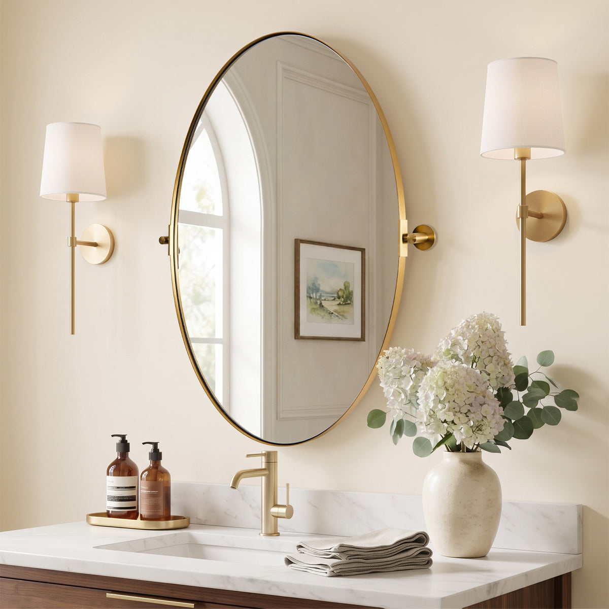 Oval Pivot Mirrors Adjustable Tilting Angle Floating Bathroom Mirror| Stainless Steel Framed